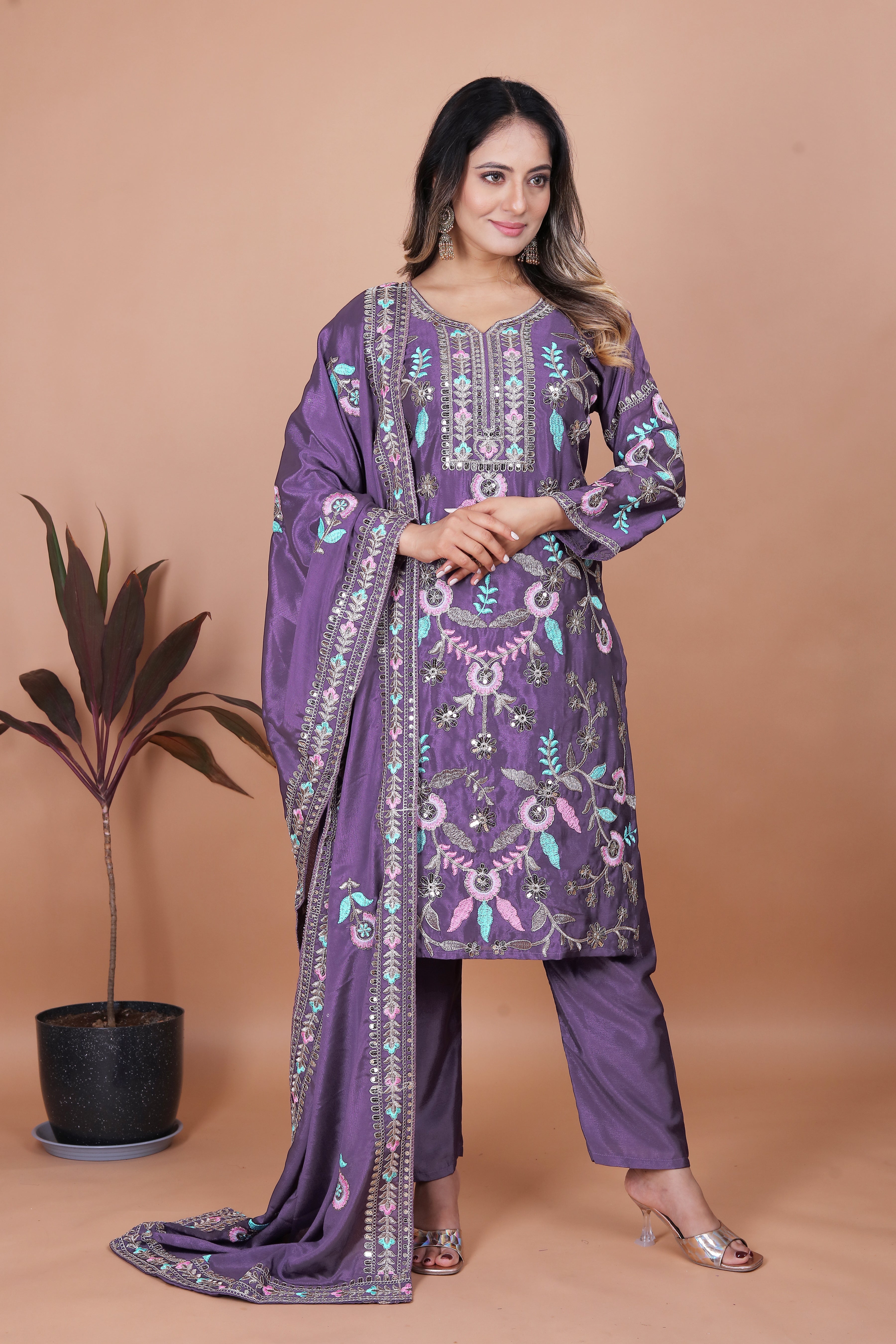 Lavender Silk Straight Suit with Multicolor Thread and Mirror Embroidery