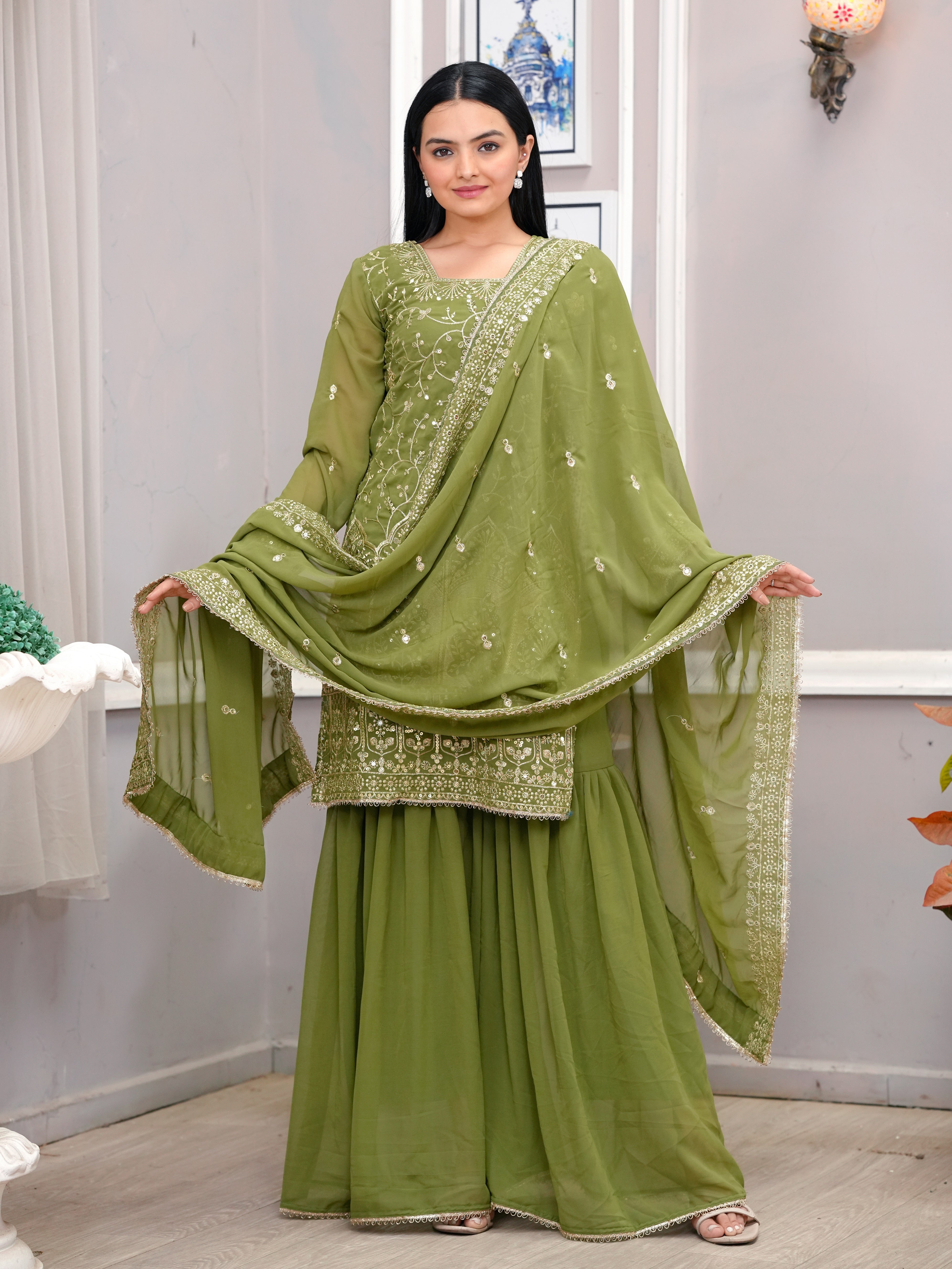 Olive Green Georgette Sharara Suit with Heavy Golden Thread and Sequin Embroidery