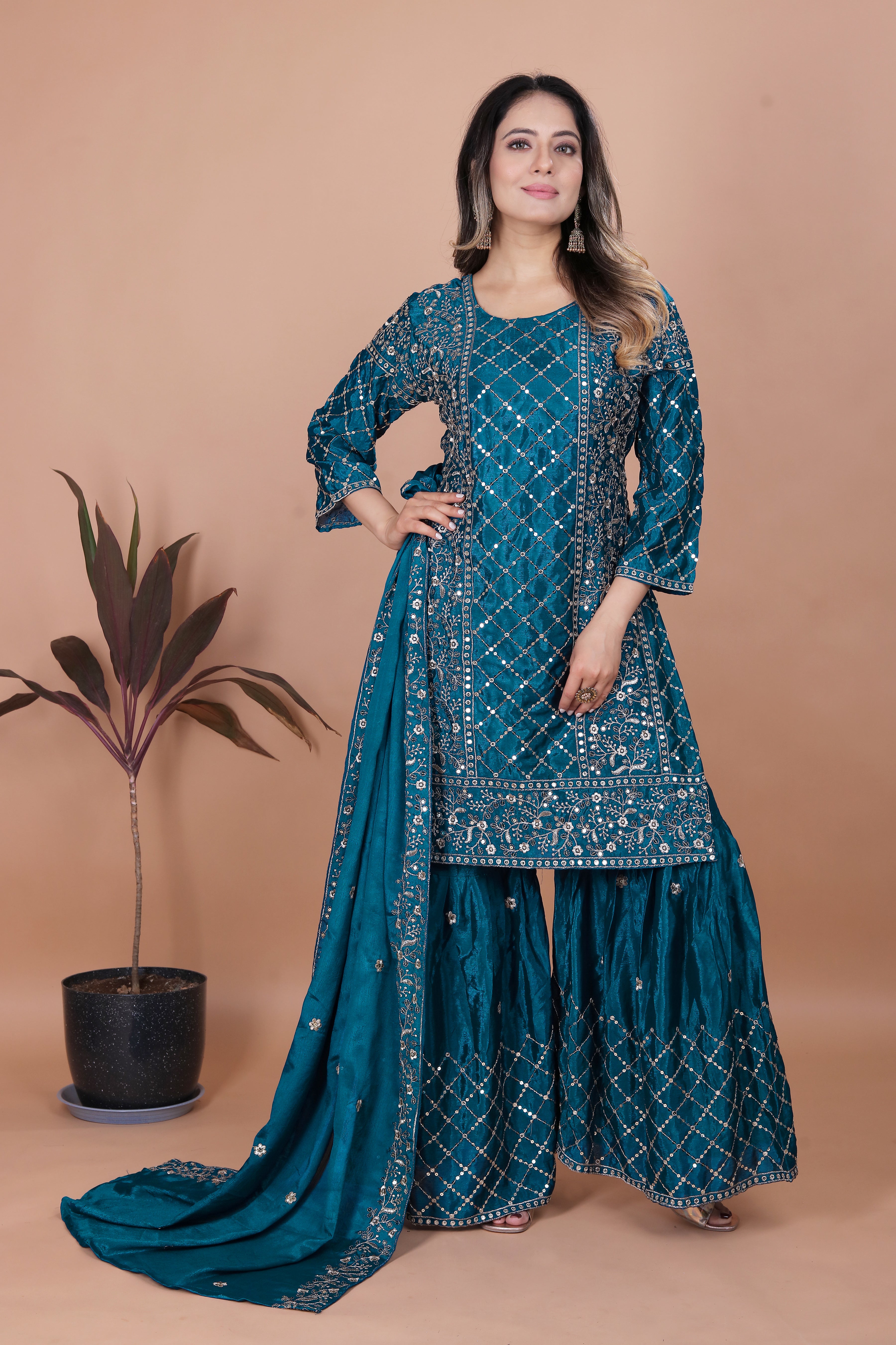 Teal Blue Silk Sharara Suit with Mirror Work and Floral Thread Embroidery