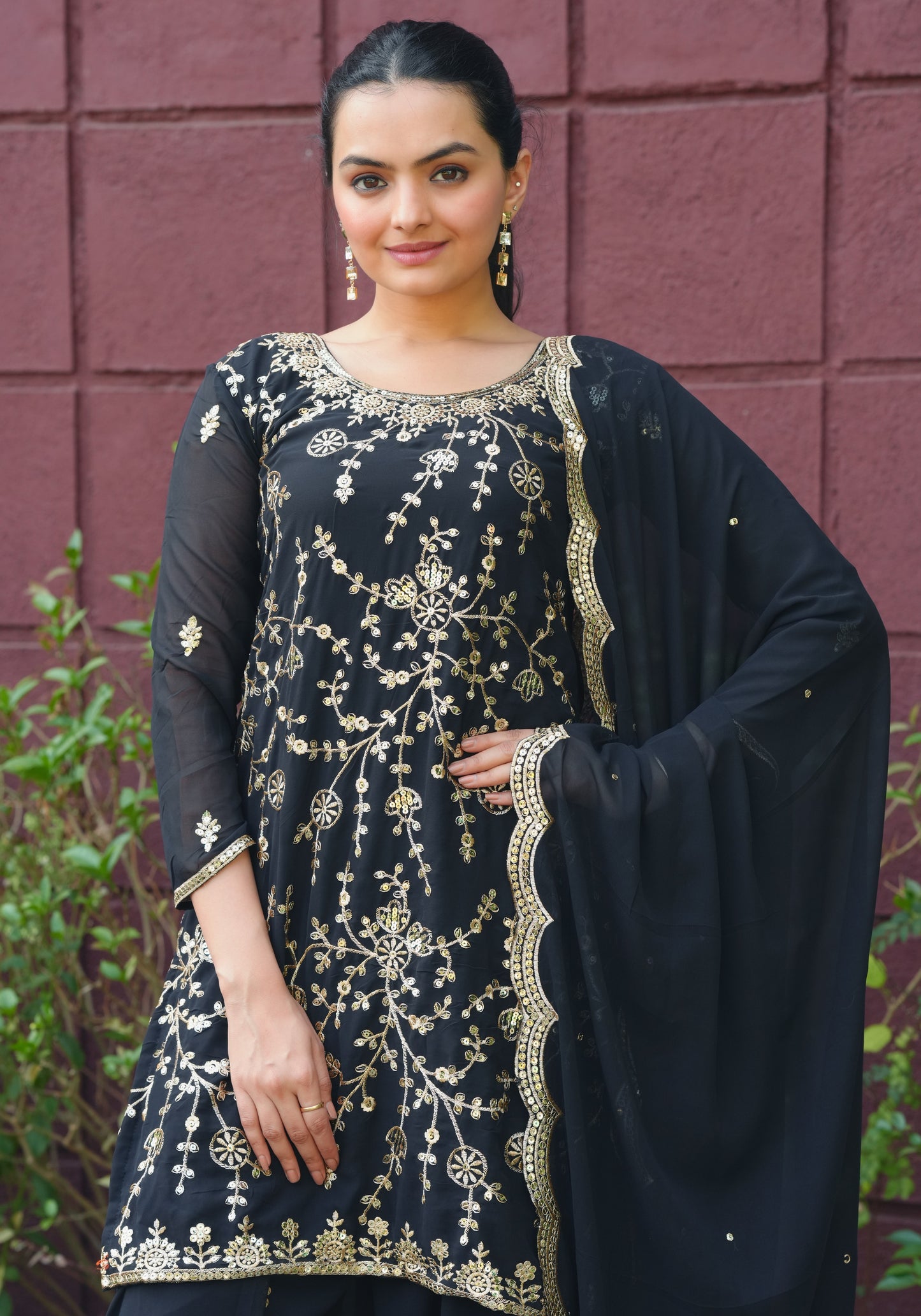 Black Georgette Sharara Suit with Heavy Golden Thread and Sequin Embroidery