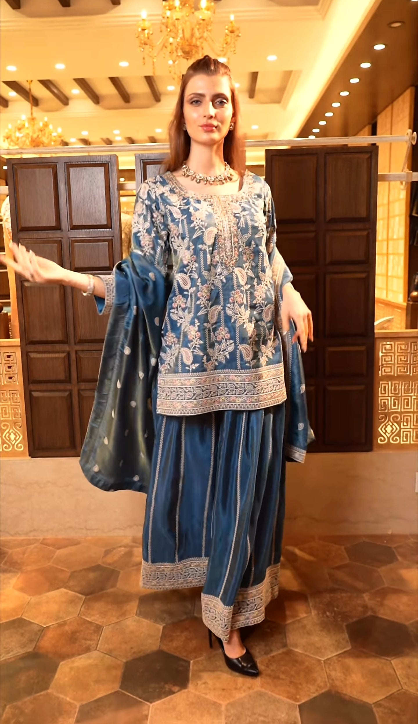 Teal Color Sharara Suit in Chinon With Sequence Embroidery Sharara Suit