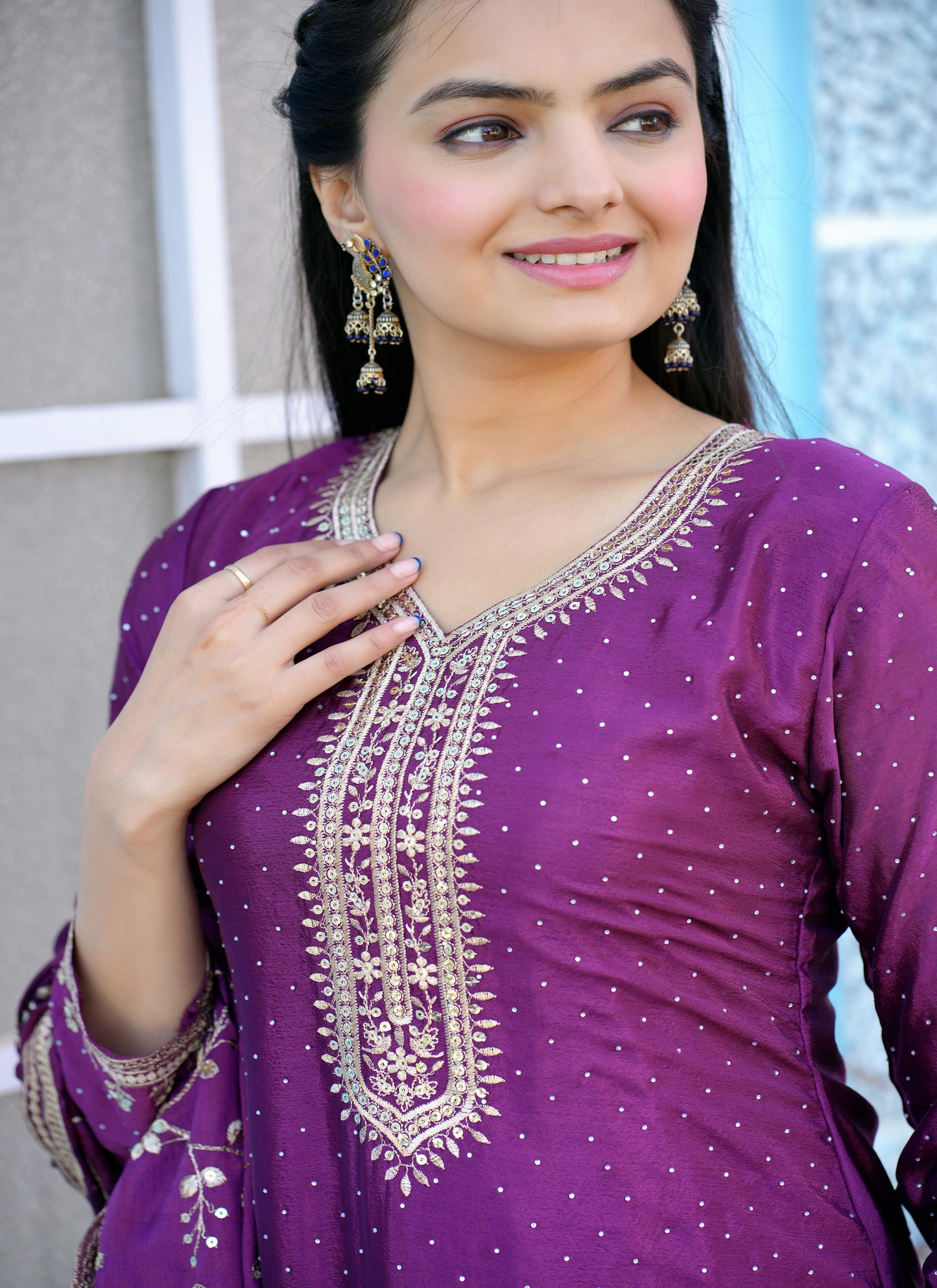 Designer Chinon Embroidered Suit with Sequin & Stone Work | Party‑Wear Salwar Kameez Drape Dress