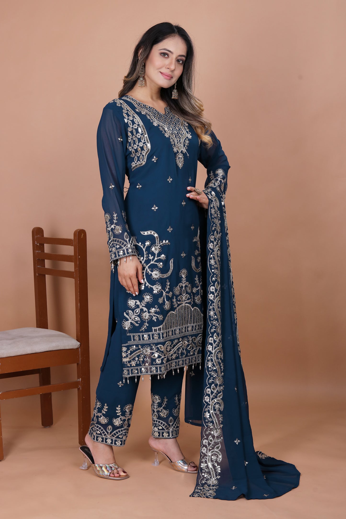 Teal Blue Silk Sharara Suit with Heavy Mirror Work and Intricate Embroidery