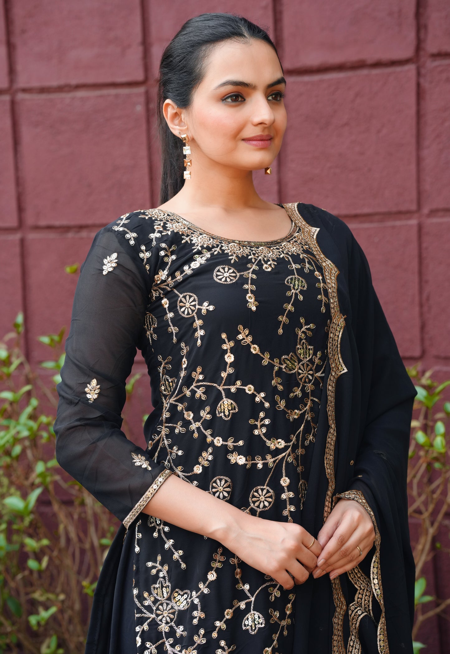 Black Georgette Sharara Suit with Heavy Golden Thread and Sequin Embroidery