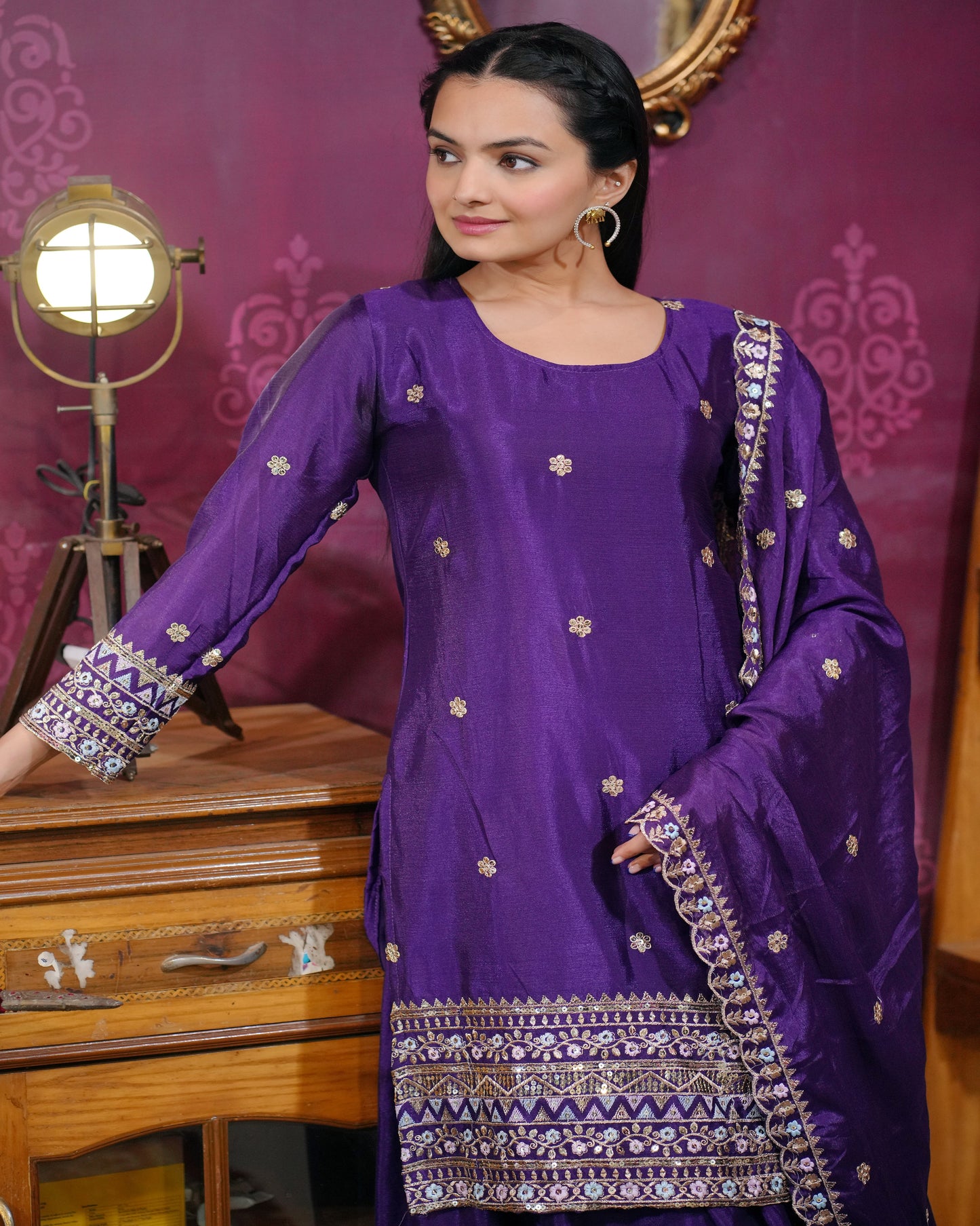 Purple Silk Sharara Set with Mirror Work and Intricate Zari Border Detailing