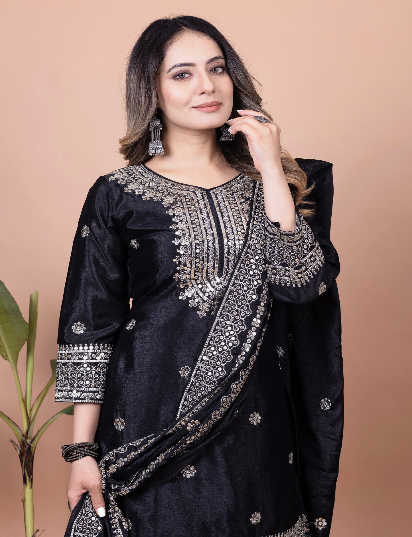 Designer Chinon Sharara Suit with Sequin Embroidery for Weddings Drape Dress
