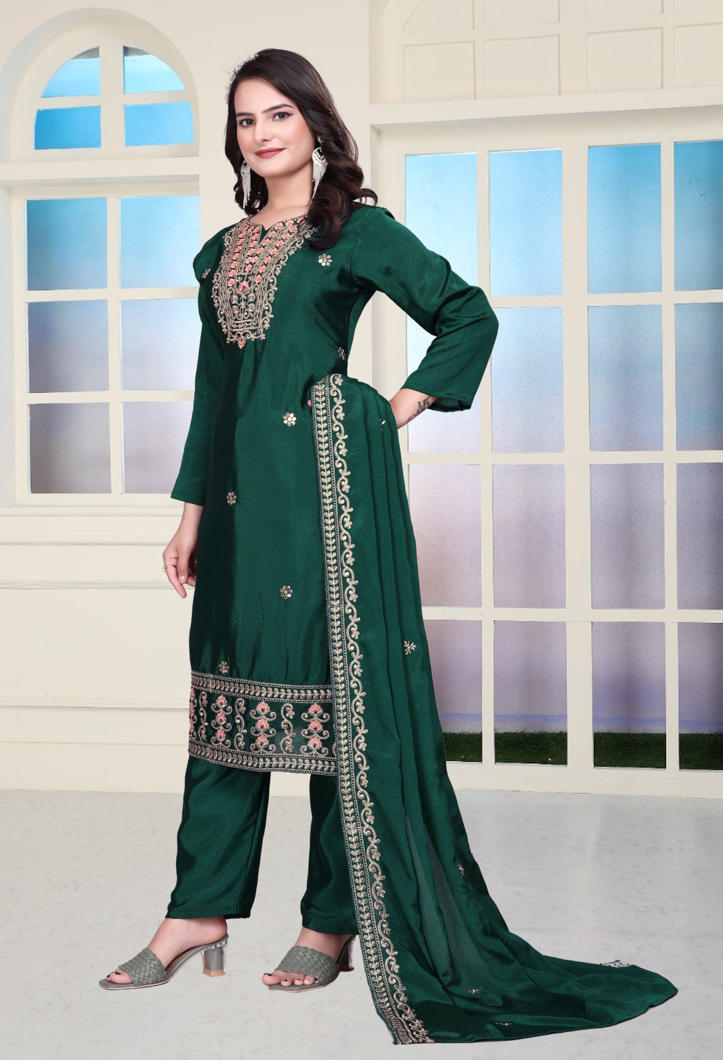 Designer Chinon Sharara Suit with Coding Sequin Embroidery Work Drape Dress