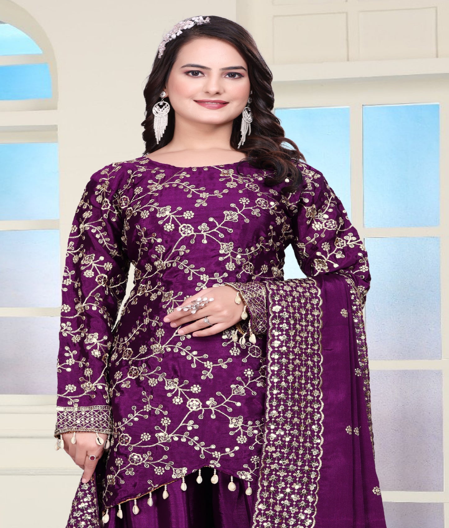 Chinon Sequin Embroidered Sharara Suit – Designer Festive Wear Drape Dress