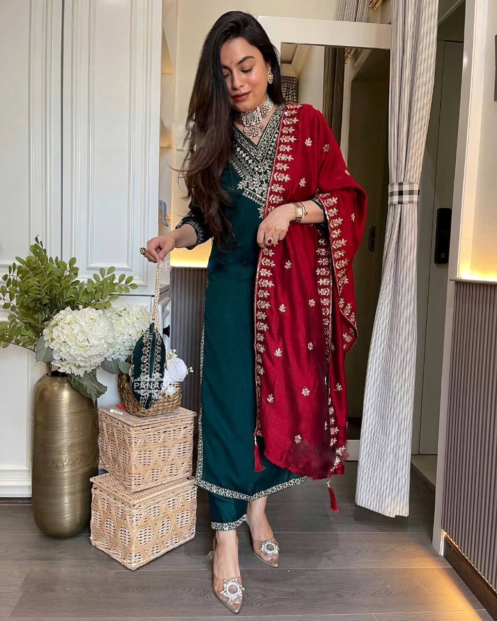 Lovely Peacock Blue Color Chinon Embroidery Work Salwar Suit