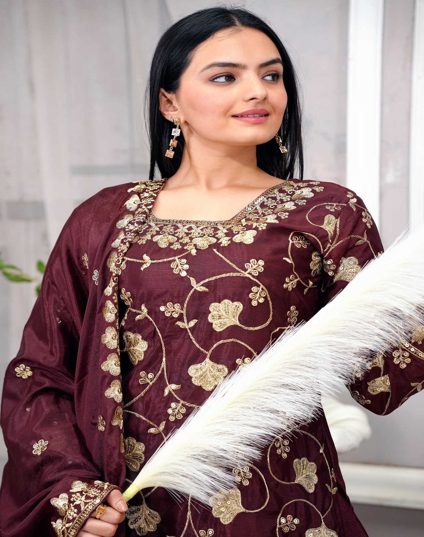 Designer Chinon Sequin-Embroidered Sharara Suit | Festive Party Wear Ensemble Drape Dress
