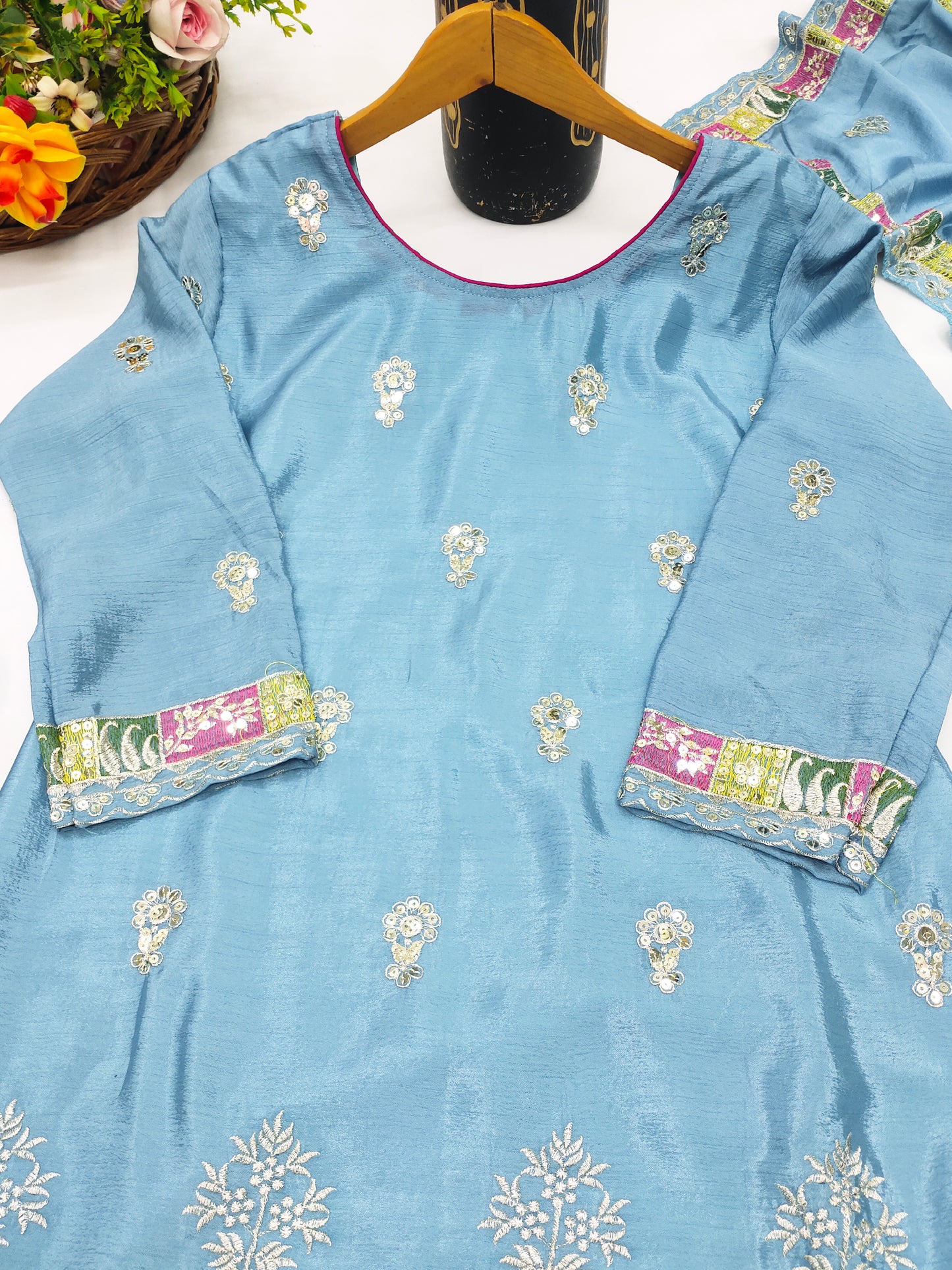Designer Chinon Sequin-Embroidered Suit | Party-Wear Salwar Kameez Drape Dress