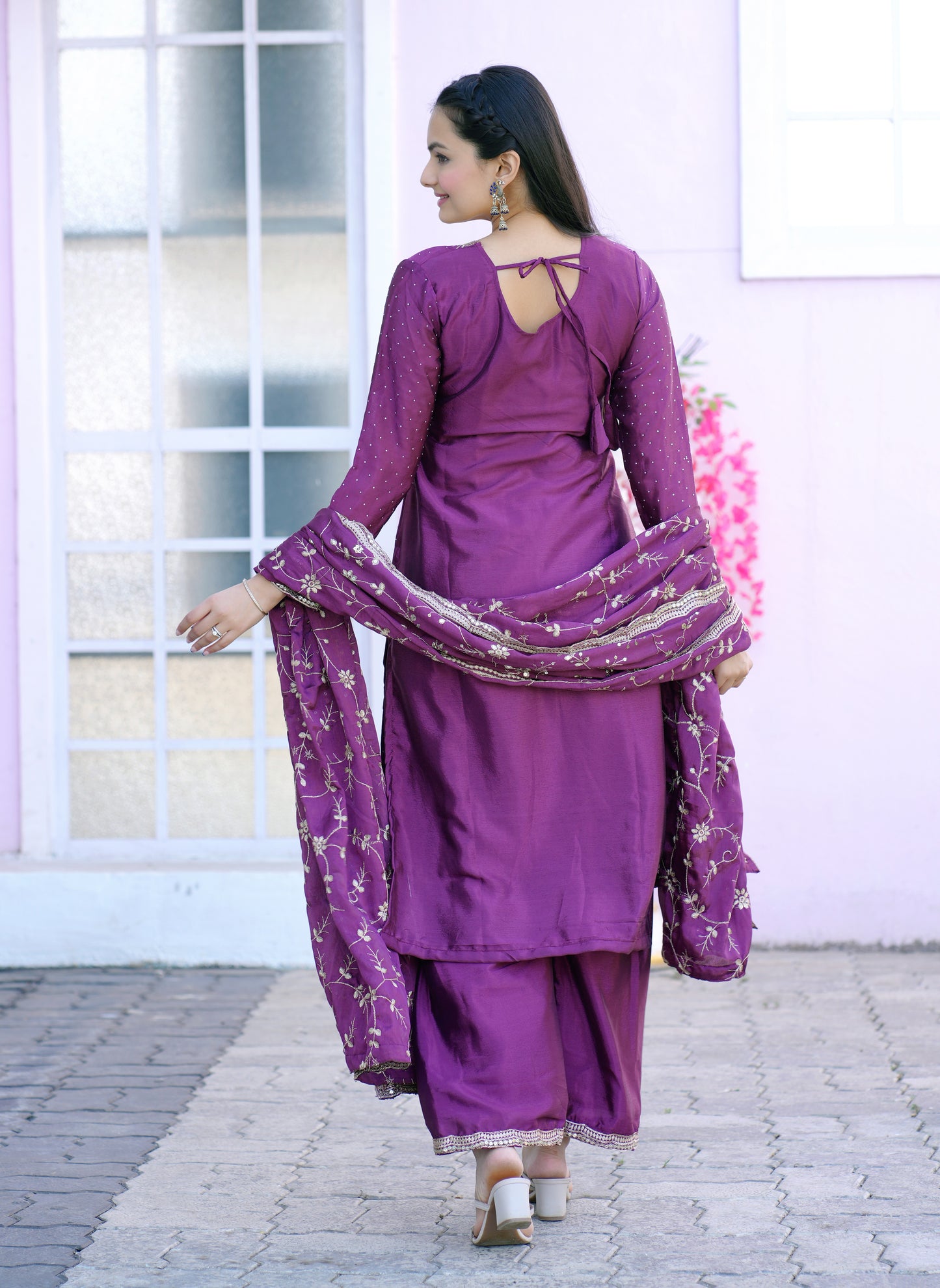 Designer Chinon Embroidered Suit with Sequin & Stone Work | Party‑Wear Salwar Kameez Drape Dress