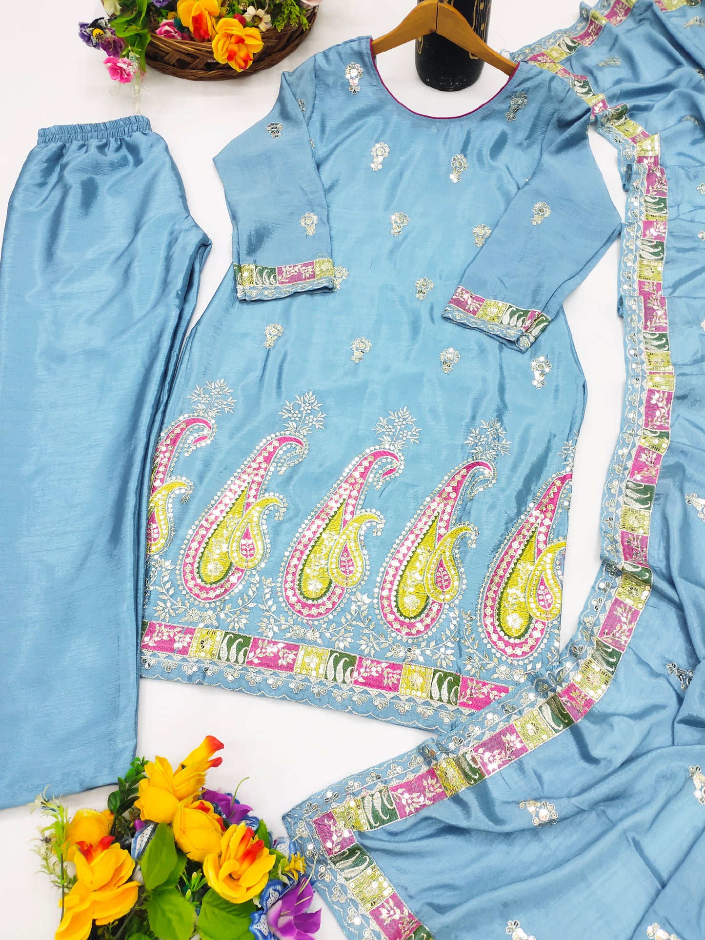 Designer Chinon Sequin-Embroidered Suit | Party-Wear Salwar Kameez Drape Dress