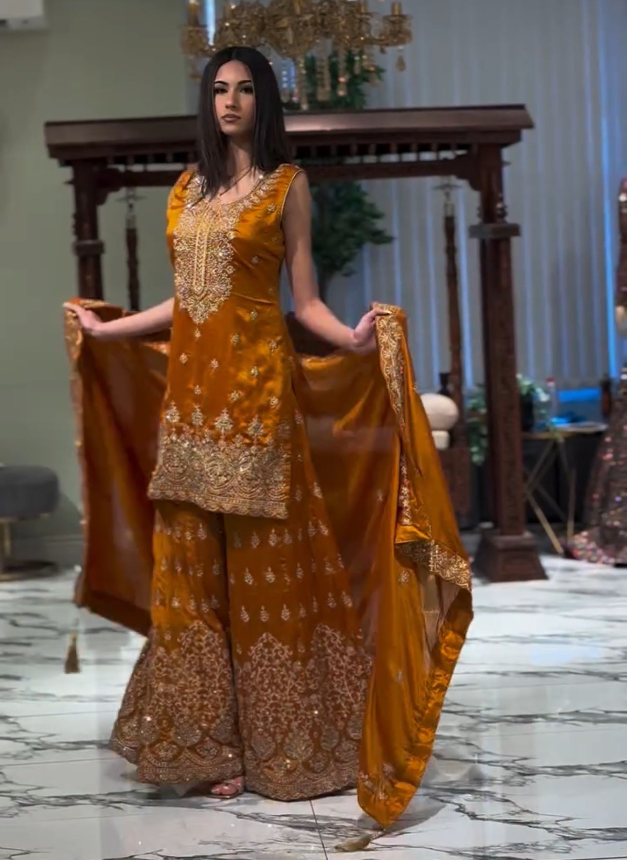 Designer Georgette Sequin-Embroidered Sharara Suit | Party Wear Drape Dress