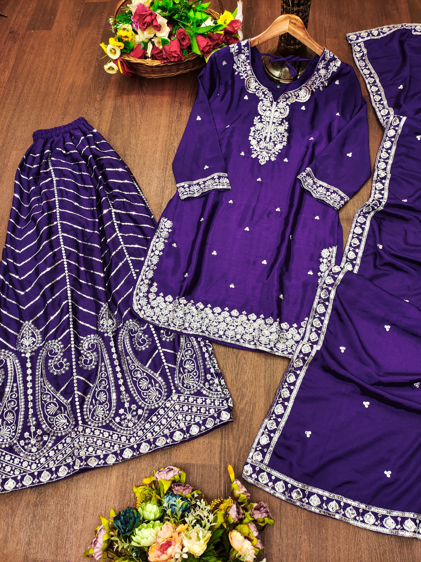 Designer Embroidered Chinon Sharara Suit With Sequence Embroidered Work