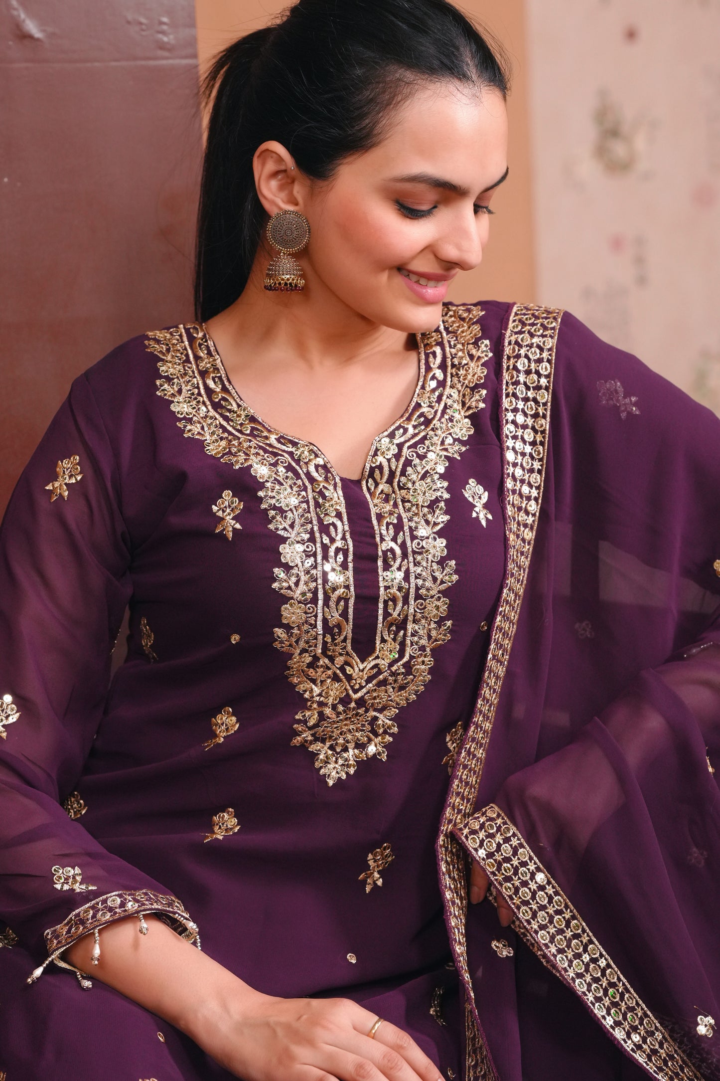 Purple Georgette Kurta Set with Golden Zari Work & Matching Dupatta