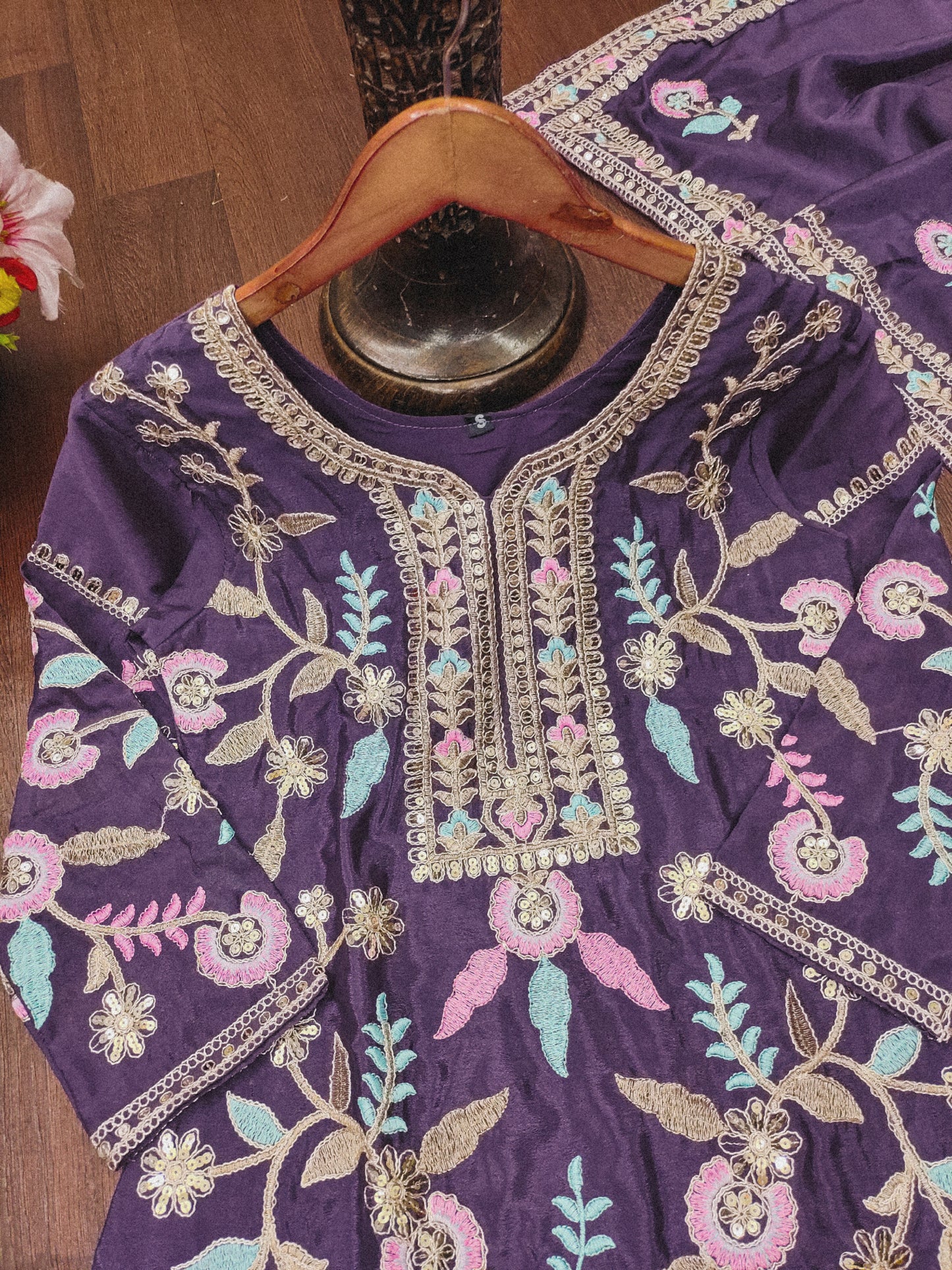 Lavender Silk Straight Suit with Multicolor Thread and Mirror Embroidery