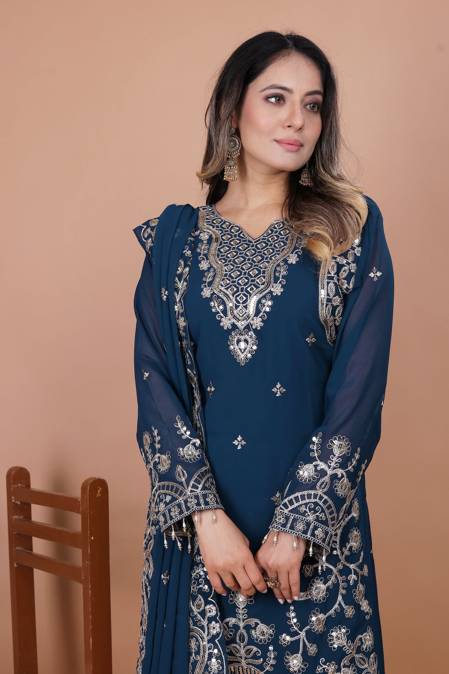 Teal Blue Silk Sharara Suit with Heavy Mirror Work and Intricate Embroidery