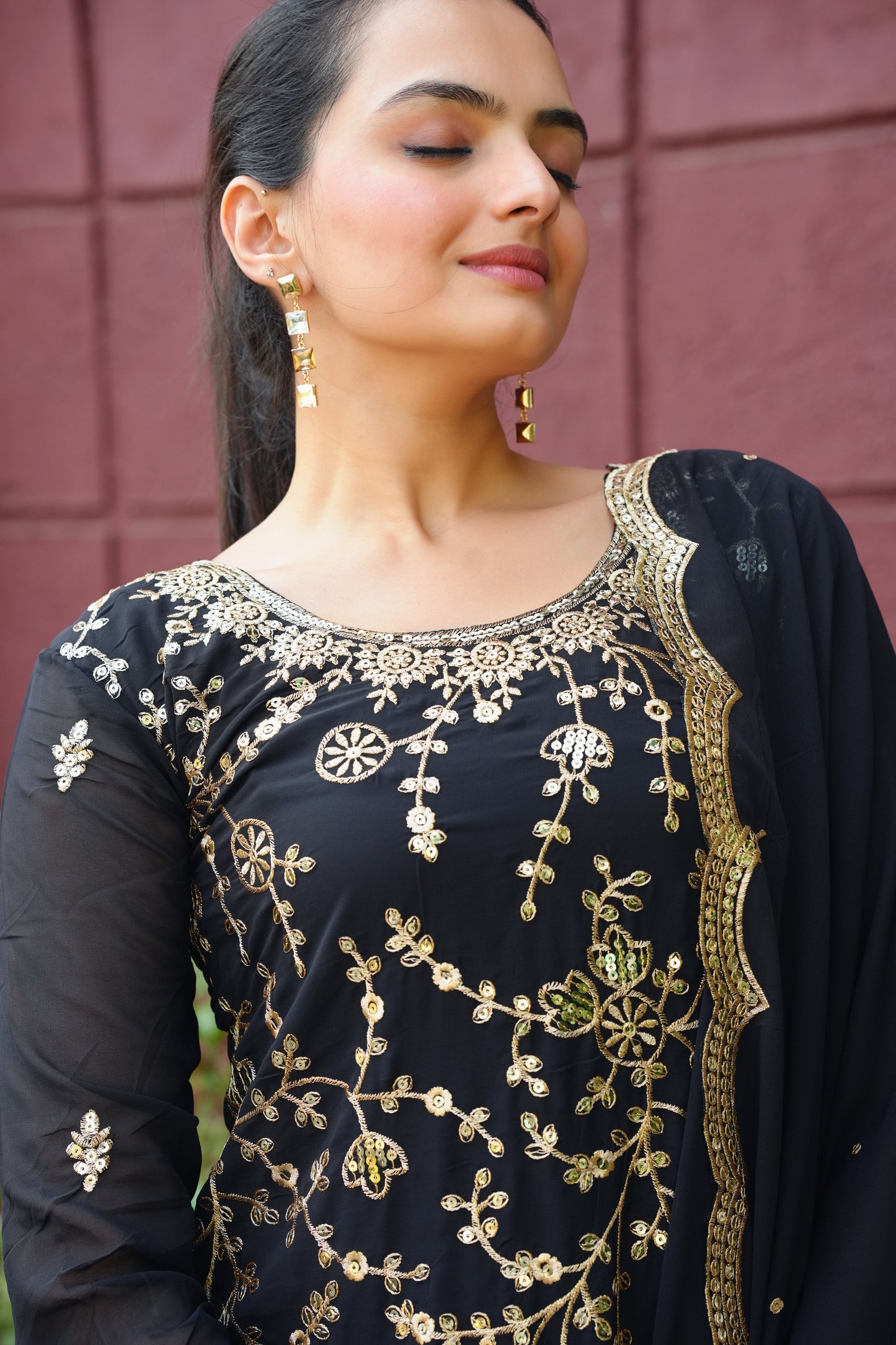 Black Georgette Sharara Suit with Heavy Golden Thread and Sequin Embroidery