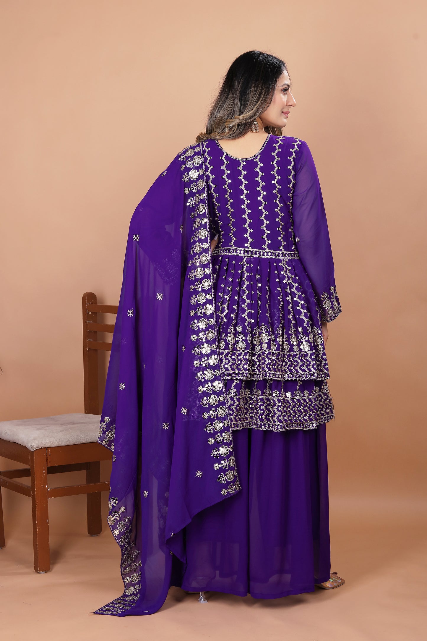 Purple Peplum Style Sharara Suit with Heavy Golden Embroidery and Sequin Detailing