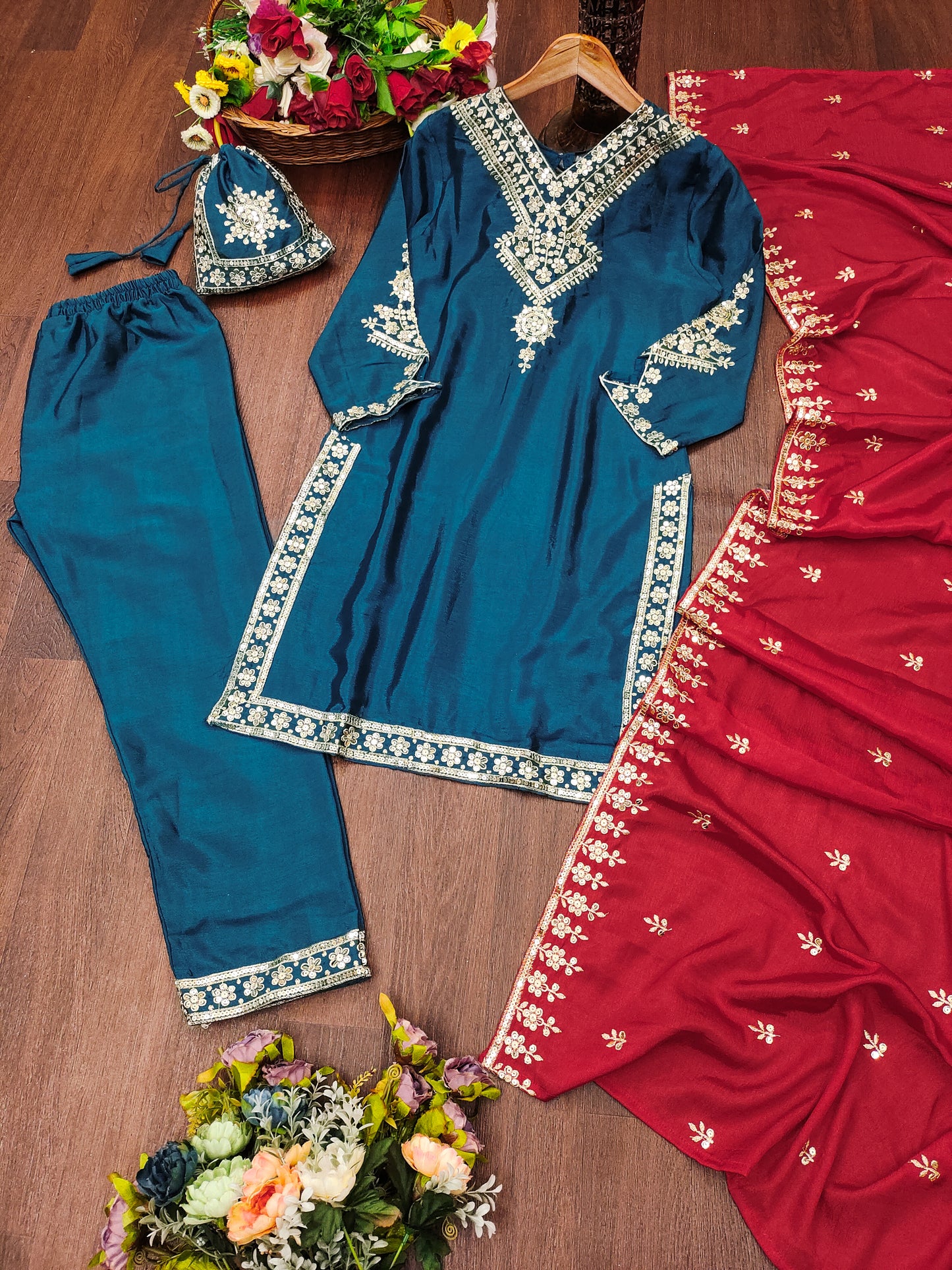Lovely Peacock Blue Color Chinon Embroidery Work Salwar Suit