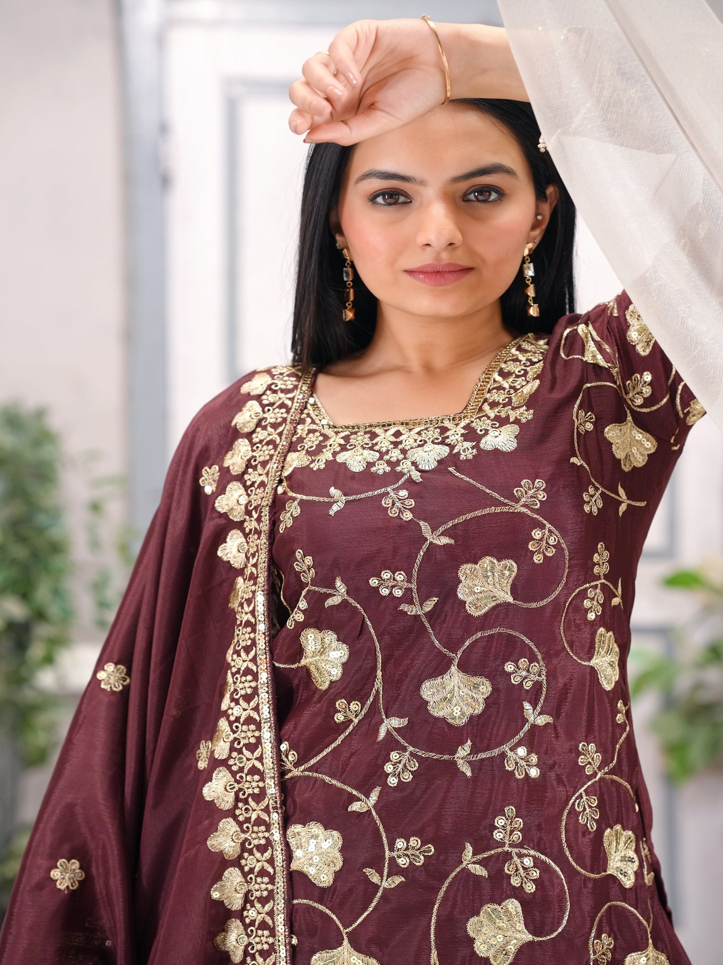 Designer Chinon Sequin-Embroidered Sharara Suit | Festive Party Wear Ensemble Drape Dress