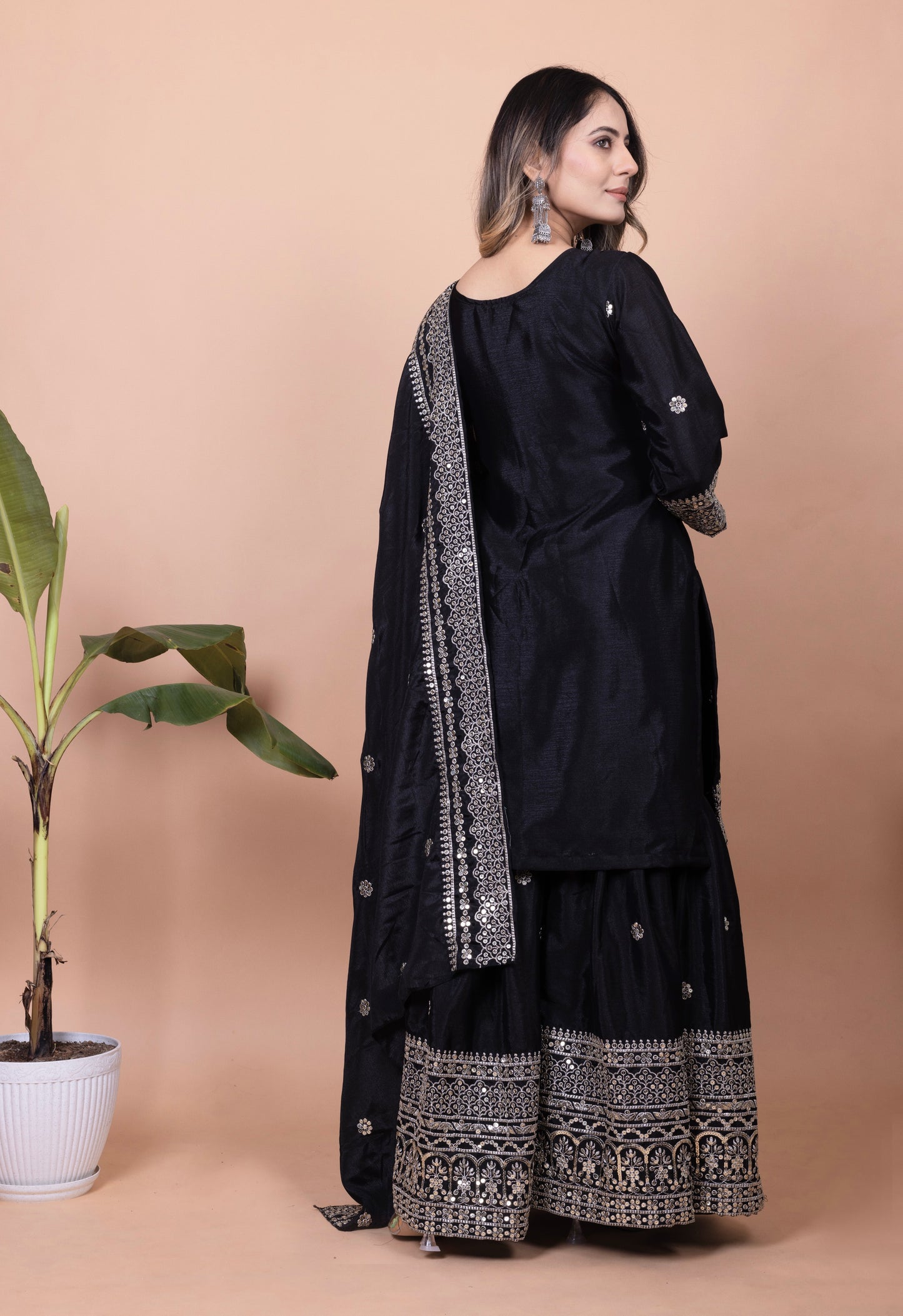 Designer Chinon Sharara Suit with Sequin Embroidery for Weddings Drape Dress
