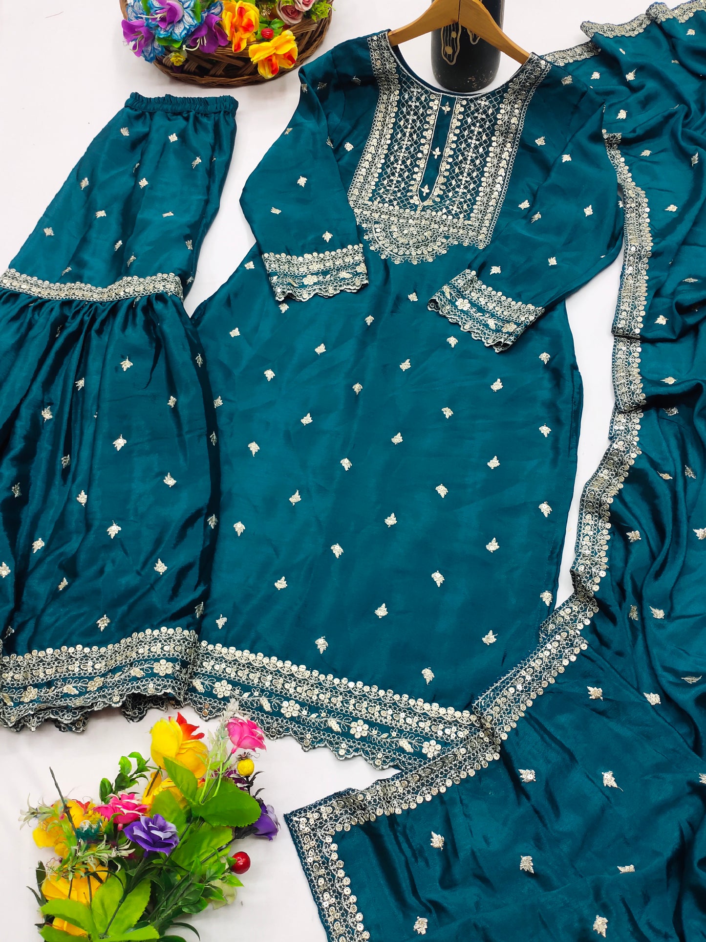 Designer Chinon Sharara Suit with Cording‑Sequin Embroidery | Party‑Wear Ensemble Drape Dress