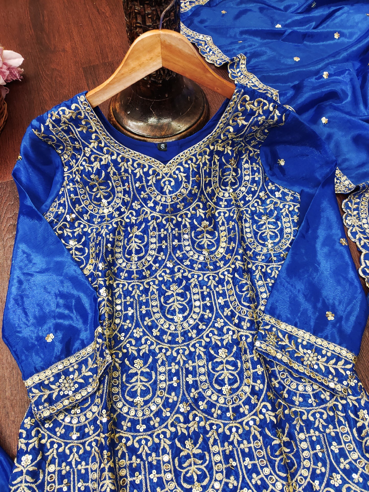Designer Chinon Sharara Suit with Sequin Embroidery Drape Dress