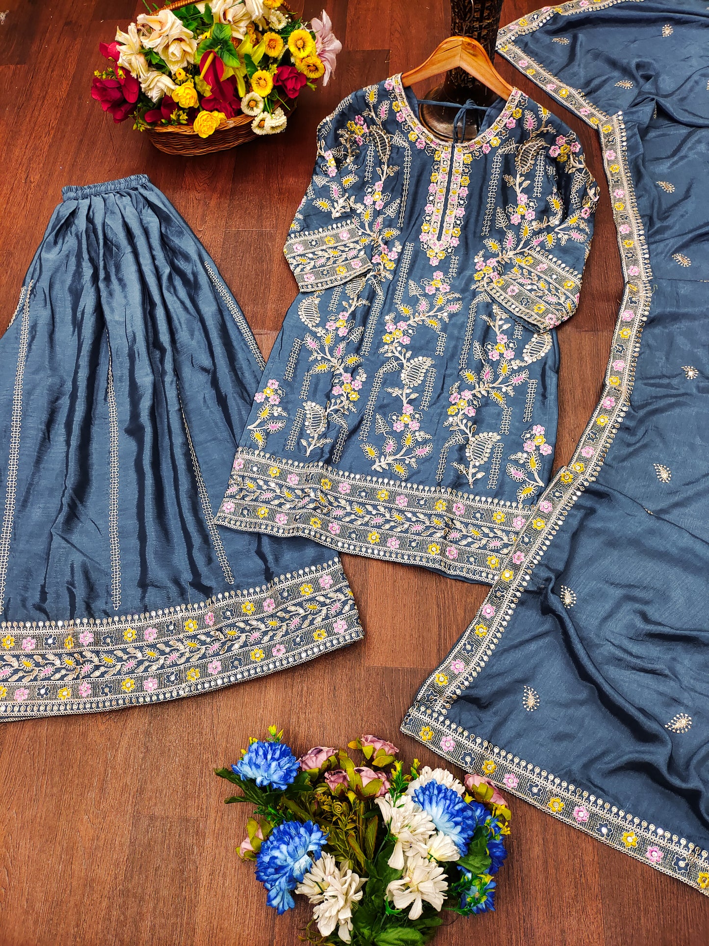 Teal Color Sharara Suit in Chinon With Sequence Embroidery Sharara Suit