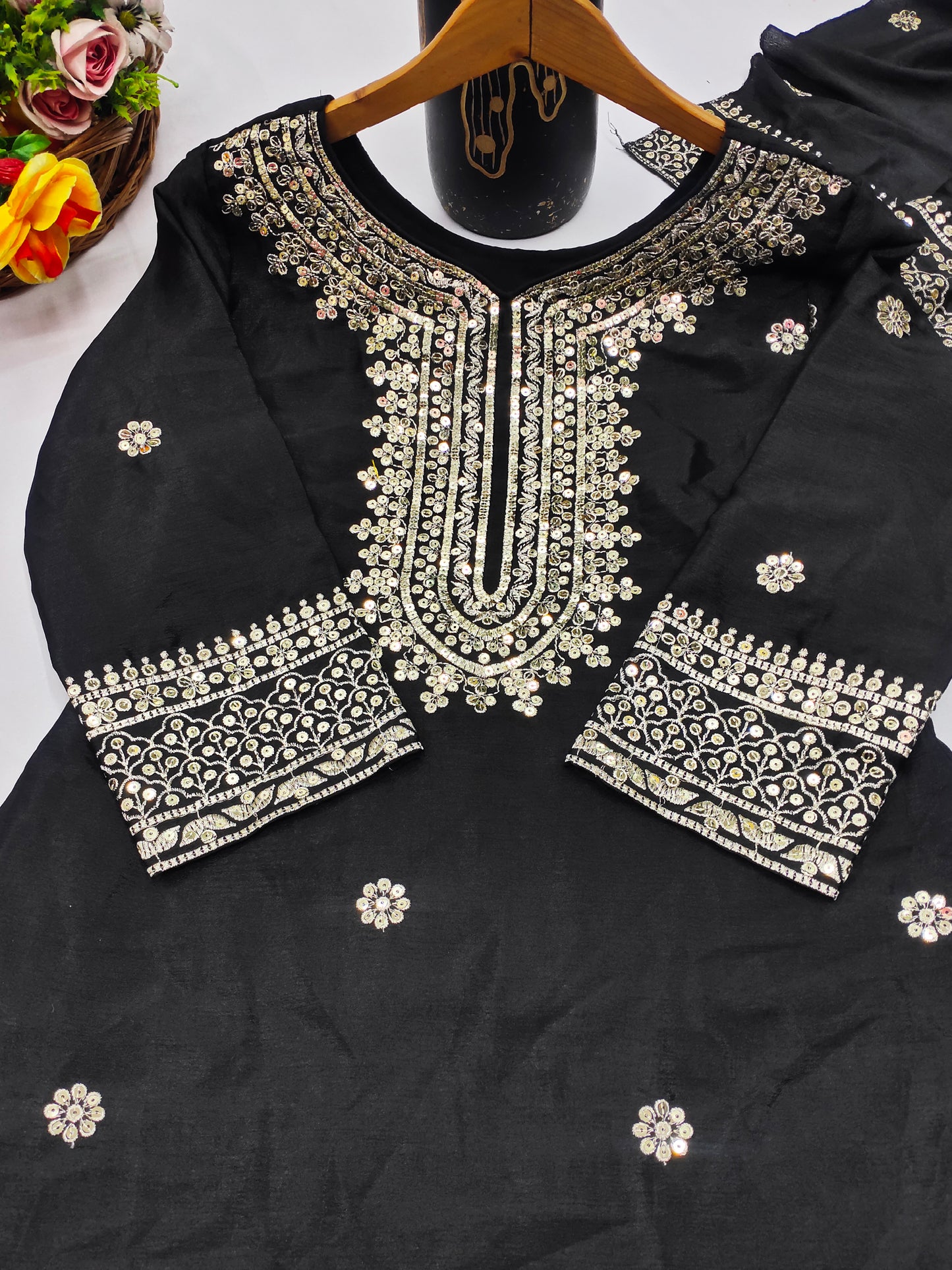 Designer Chinon Sharara Suit with Sequin Embroidery for Weddings Drape Dress