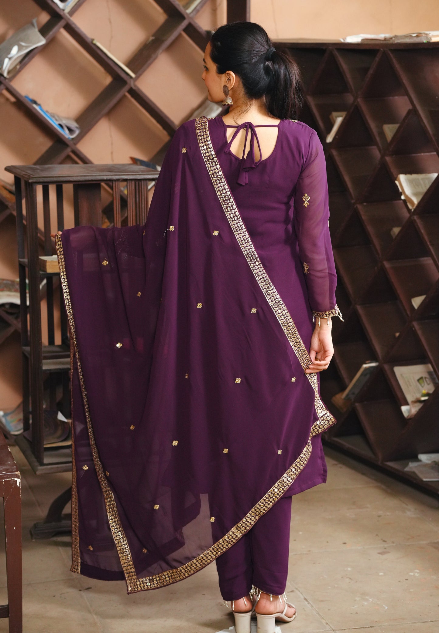 Purple Georgette Kurta Set with Golden Zari Work & Matching Dupatta