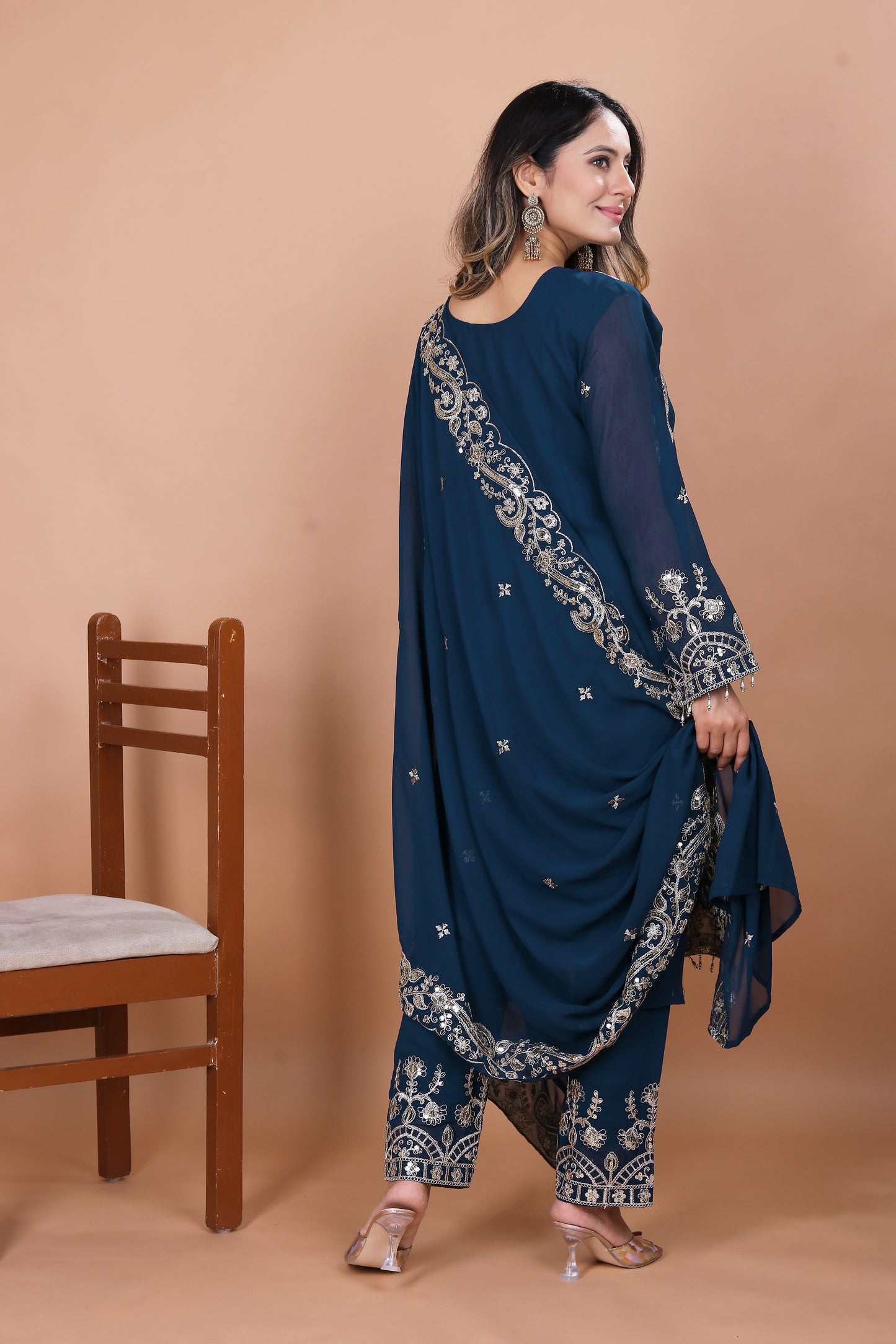 Teal Blue Silk Sharara Suit with Heavy Mirror Work and Intricate Embroidery
