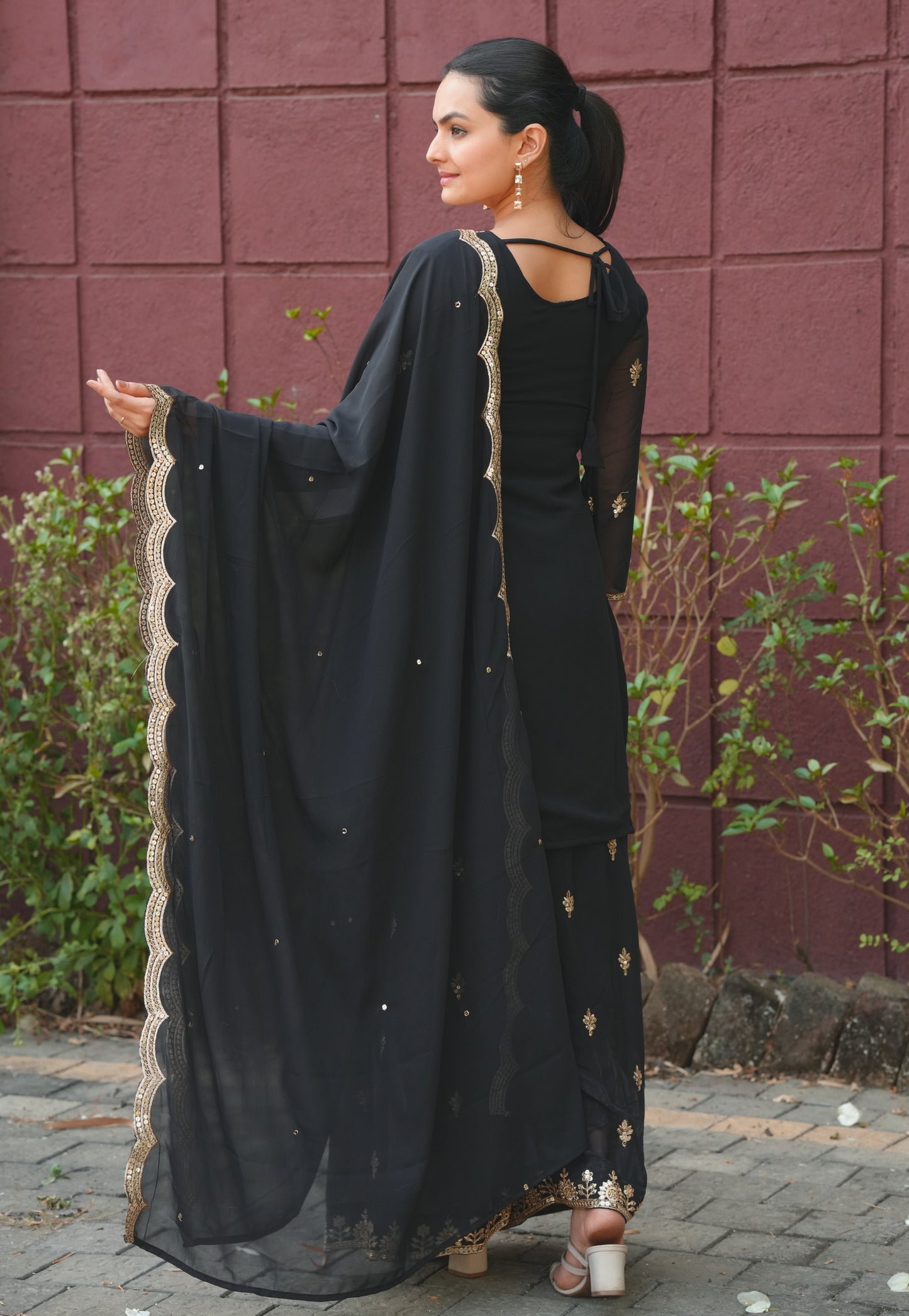 Black Georgette Sharara Suit with Heavy Golden Thread and Sequin Embroidery