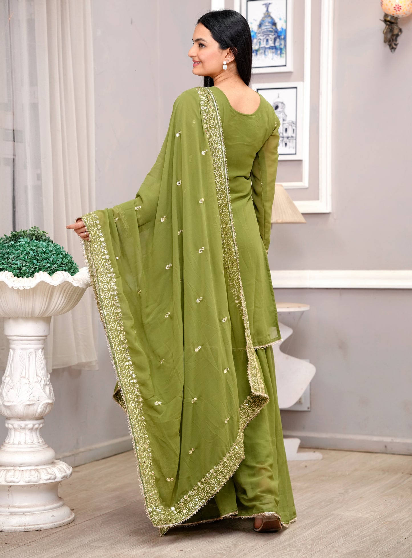 Olive Green Georgette Sharara Suit with Heavy Golden Thread and Sequin Embroidery
