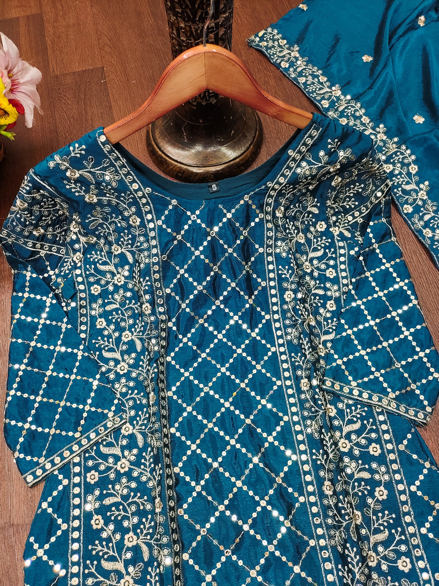Teal Blue Silk Sharara Suit with Mirror Work and Floral Thread Embroidery