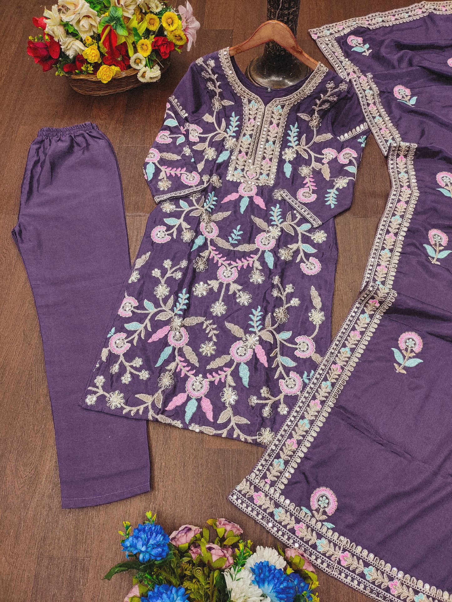Lavender Silk Straight Suit with Multicolor Thread and Mirror Embroidery