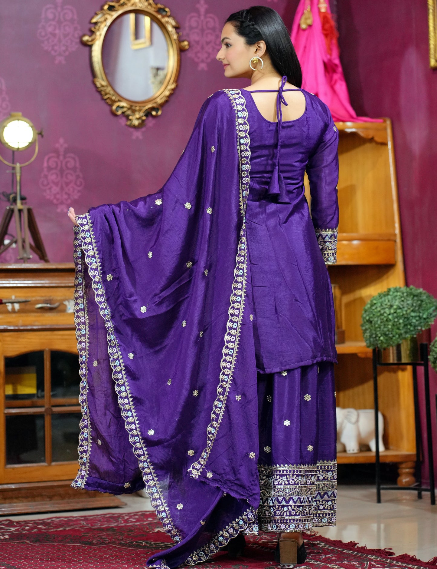 Purple Silk Sharara Set with Mirror Work and Intricate Zari Border Detailing
