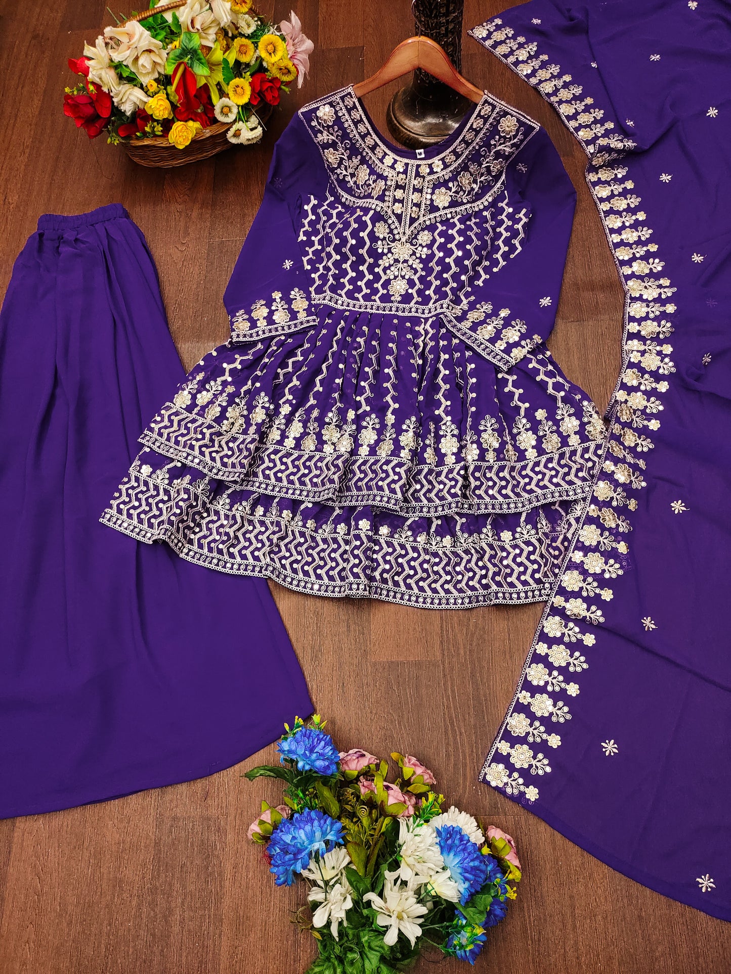 Purple Peplum Style Sharara Suit with Heavy Golden Embroidery and Sequin Detailing