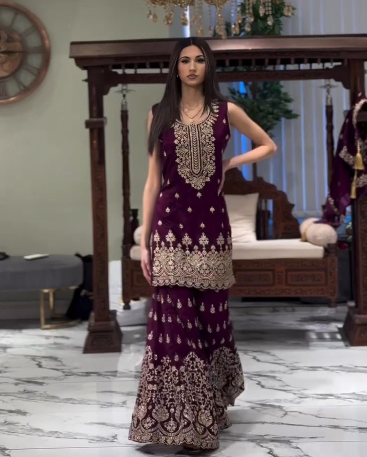 Designer Georgette Sequin-Embroidered Sharara Suit | Party Wear Drape Dress