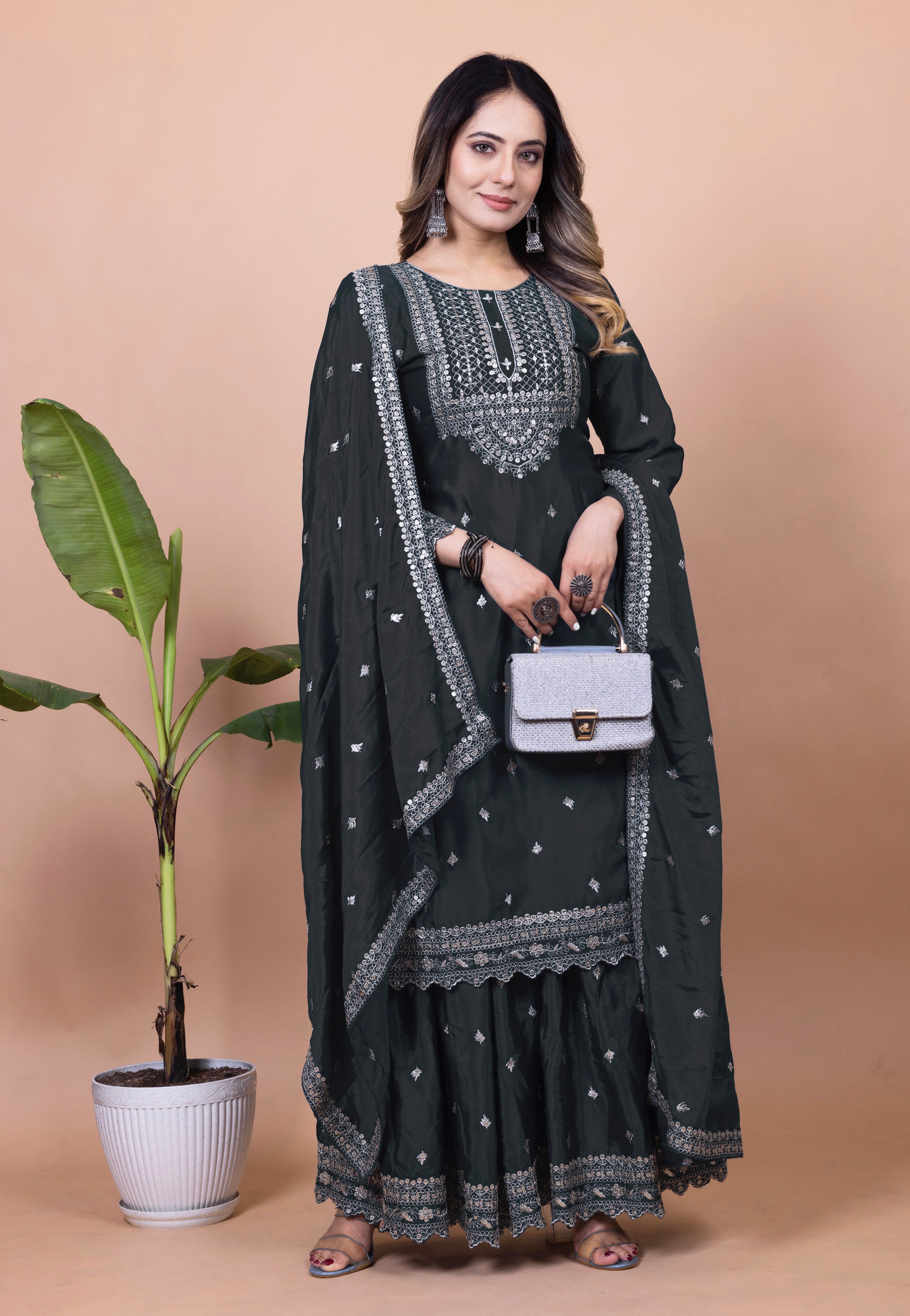 Designer Chinon Sharara Suit with Cording‑Sequin Embroidery | Party‑Wear Ensemble Drape Dress