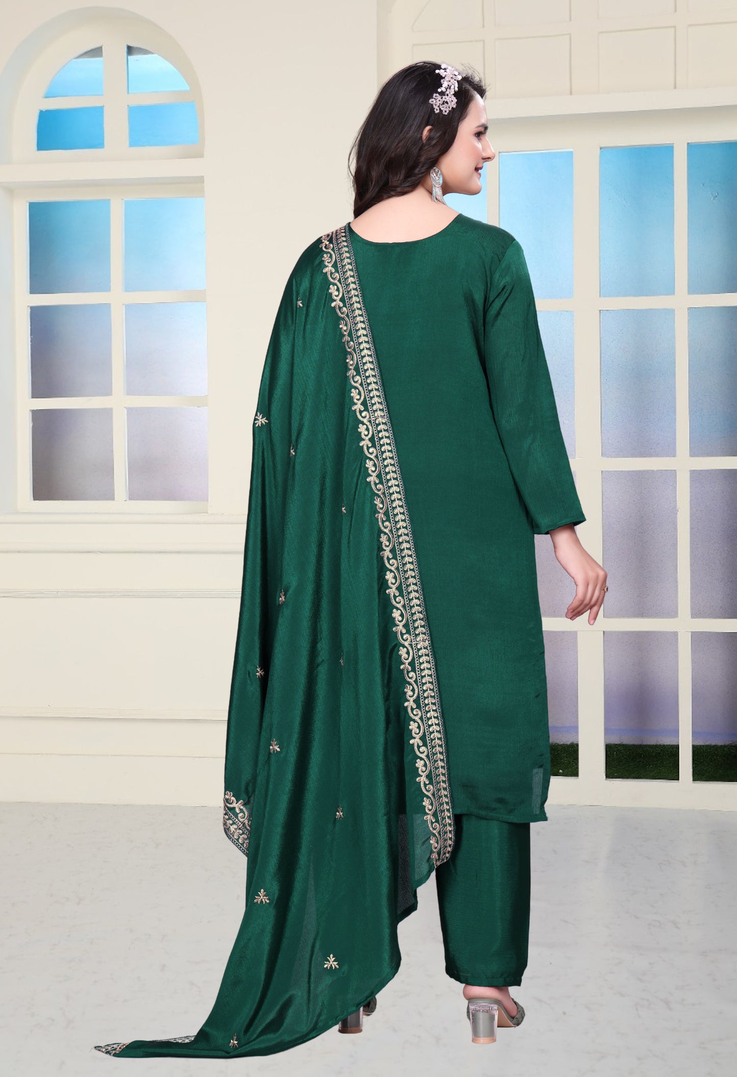 Designer Chinon Sharara Suit with Coding Sequin Embroidery Work Drape Dress