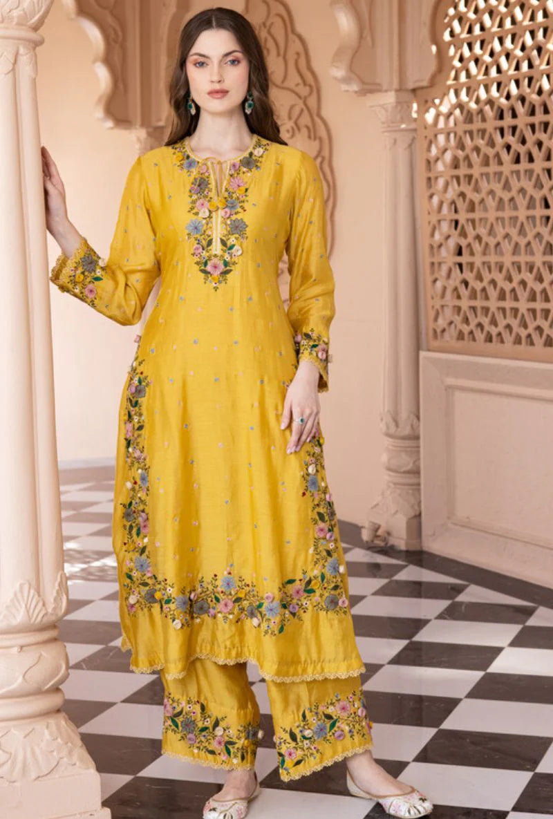 Yellow Georgette Palazzo Suit with Embroidery Sequence Work – Ready to Wear Pakistani Salwar Kameez