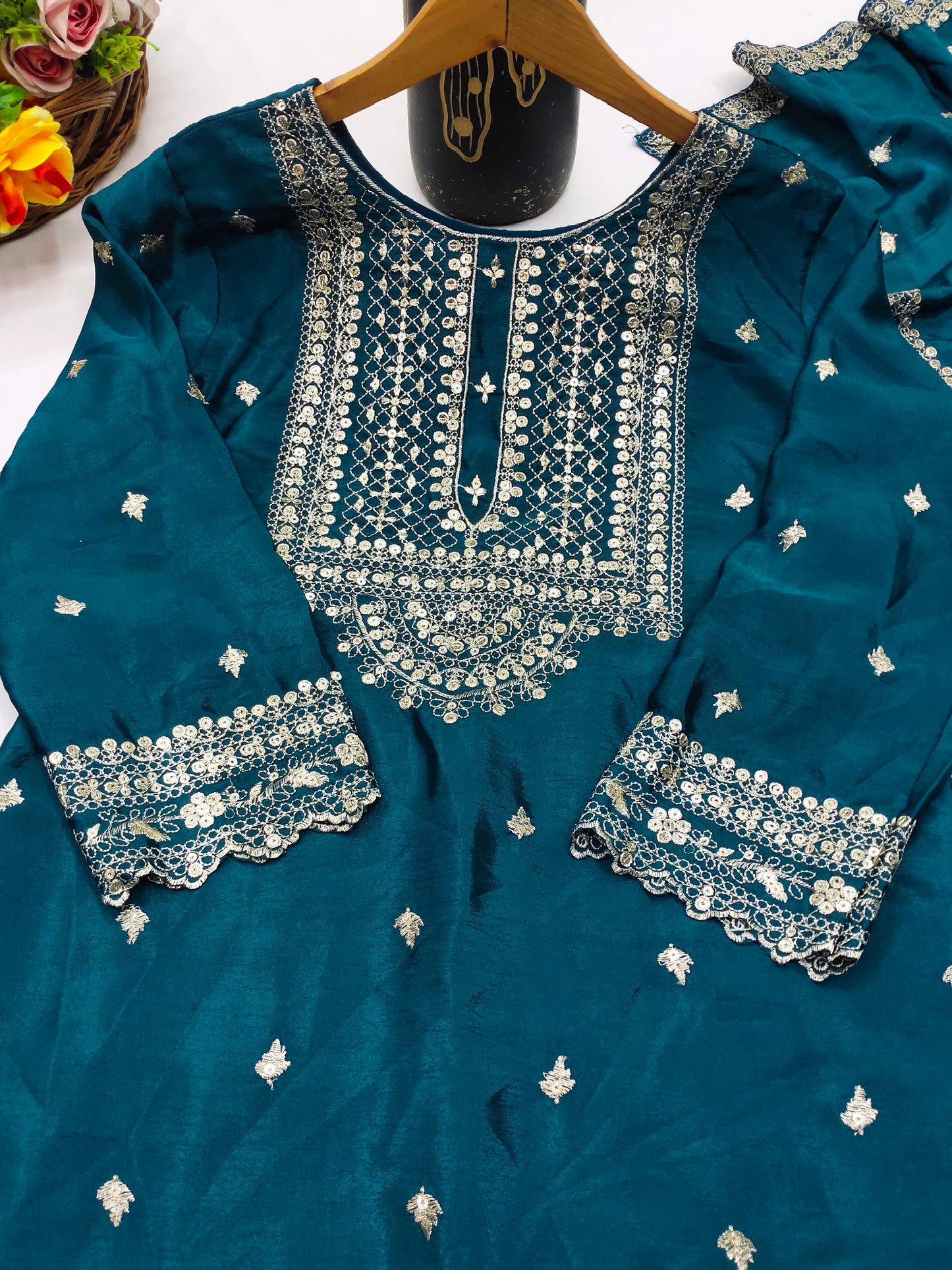 Designer Chinon Sharara Suit with Cording‑Sequin Embroidery | Party‑Wear Ensemble Drape Dress