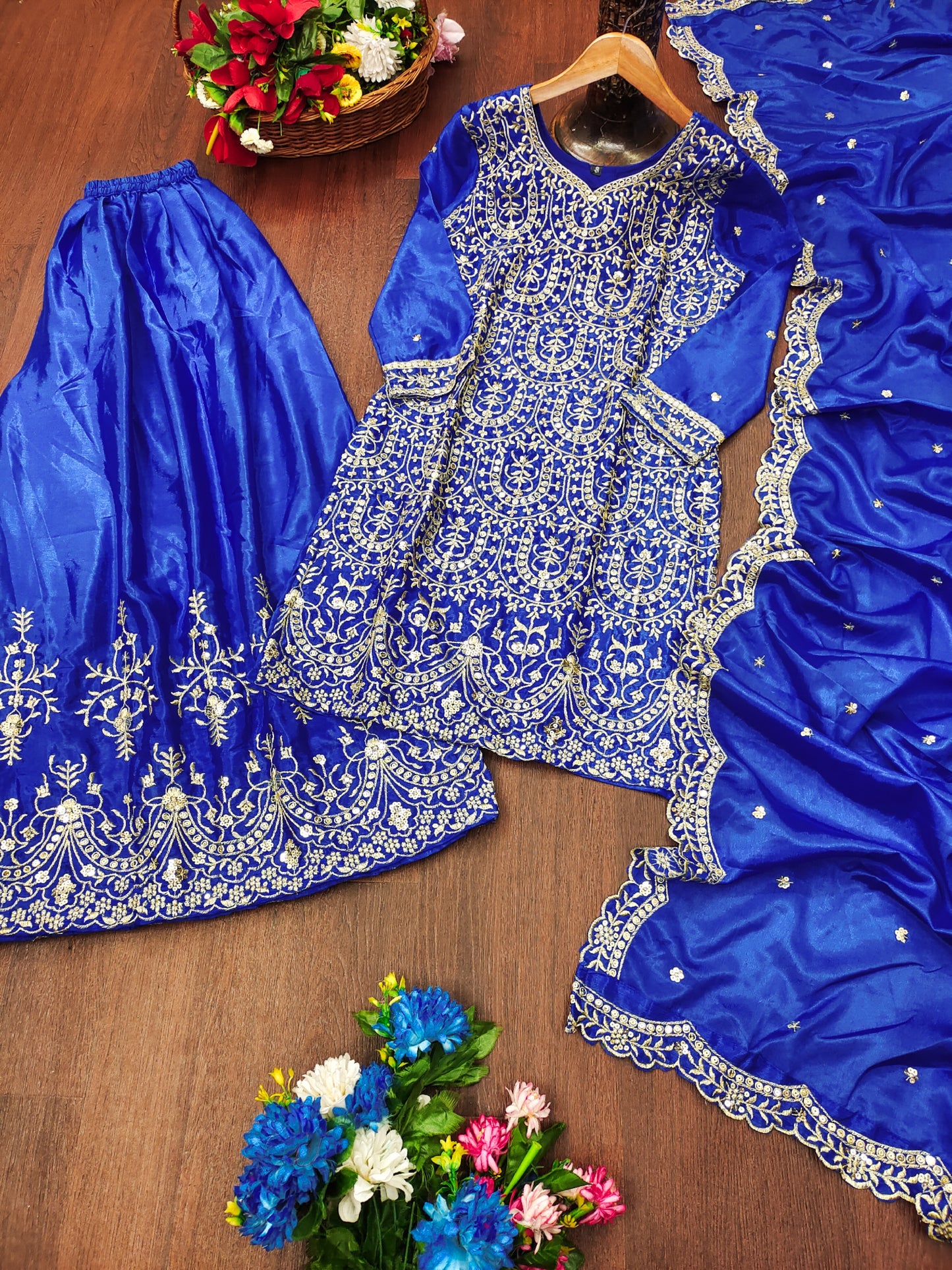 Designer Chinon Sharara Suit with Sequin Embroidery Drape Dress