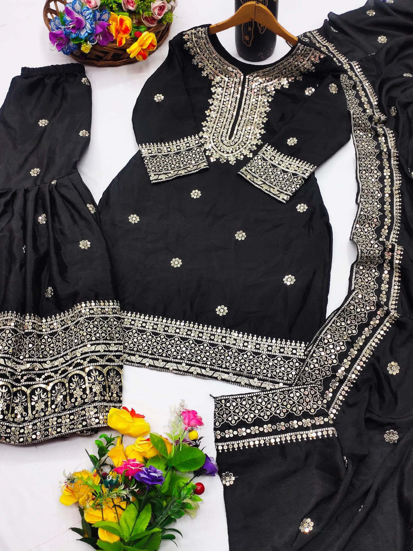 Designer Chinon Sharara Suit with Sequin Embroidery for Weddings Drape Dress