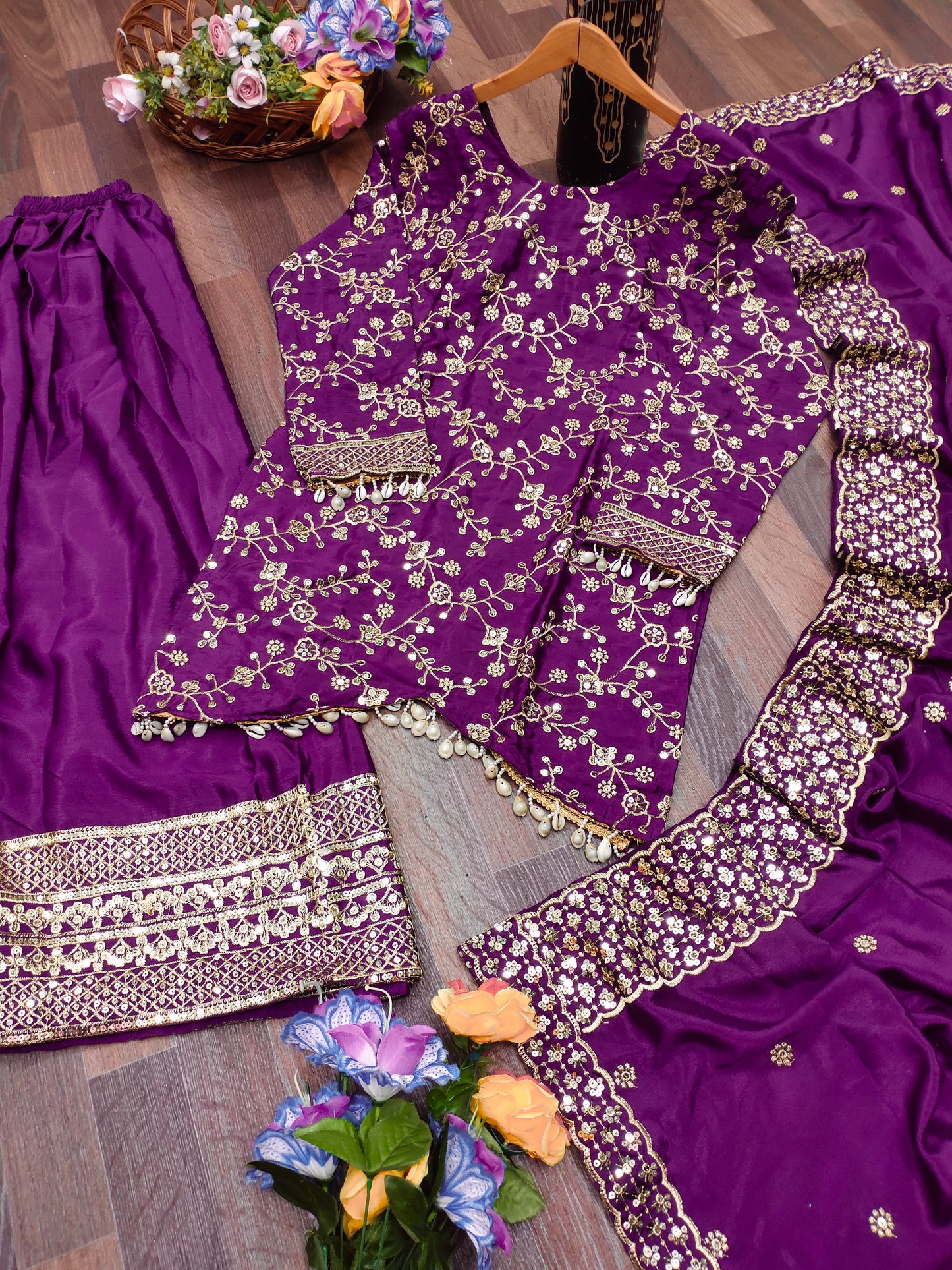Chinon Sequin Embroidered Sharara Suit – Designer Festive Wear Drape Dress