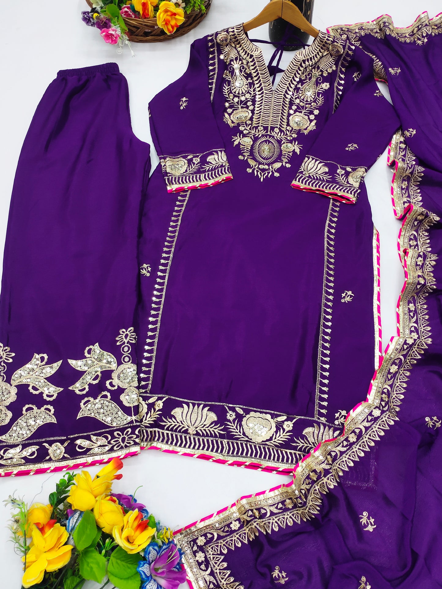 Elegant Designer Chinon Suit with Sequin Embroidery Work – Perfect for Festive & Party Wear