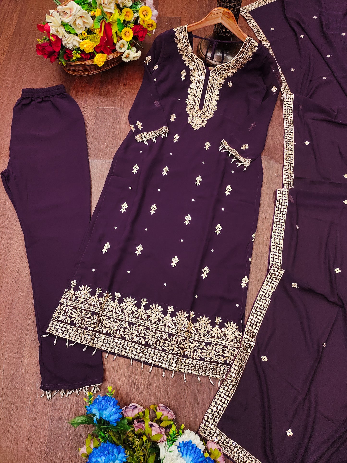 Purple Georgette Kurta Set with Golden Zari Work & Matching Dupatta