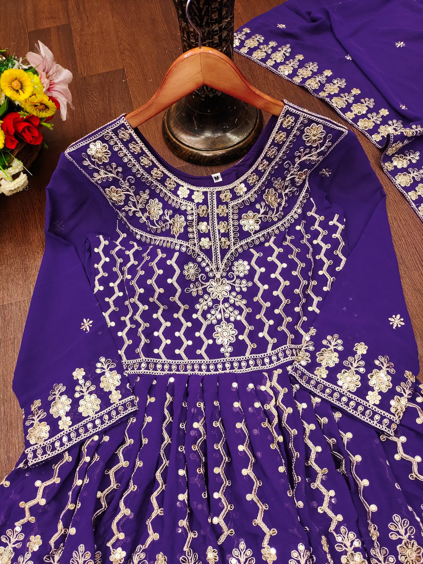 Purple Peplum Style Sharara Suit with Heavy Golden Embroidery and Sequin Detailing